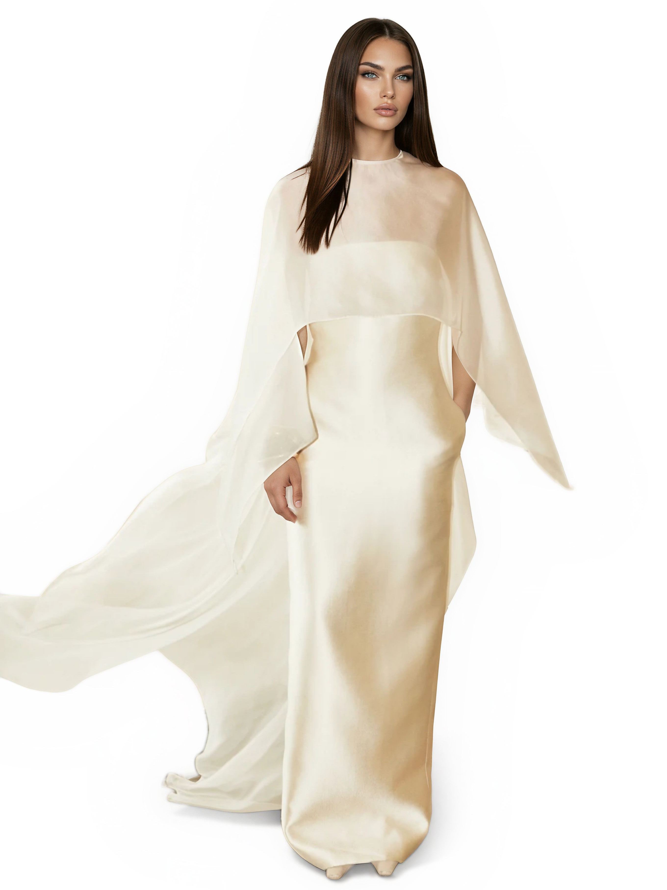 Daplag Mesh Shawl Silky Maxi Dress In White