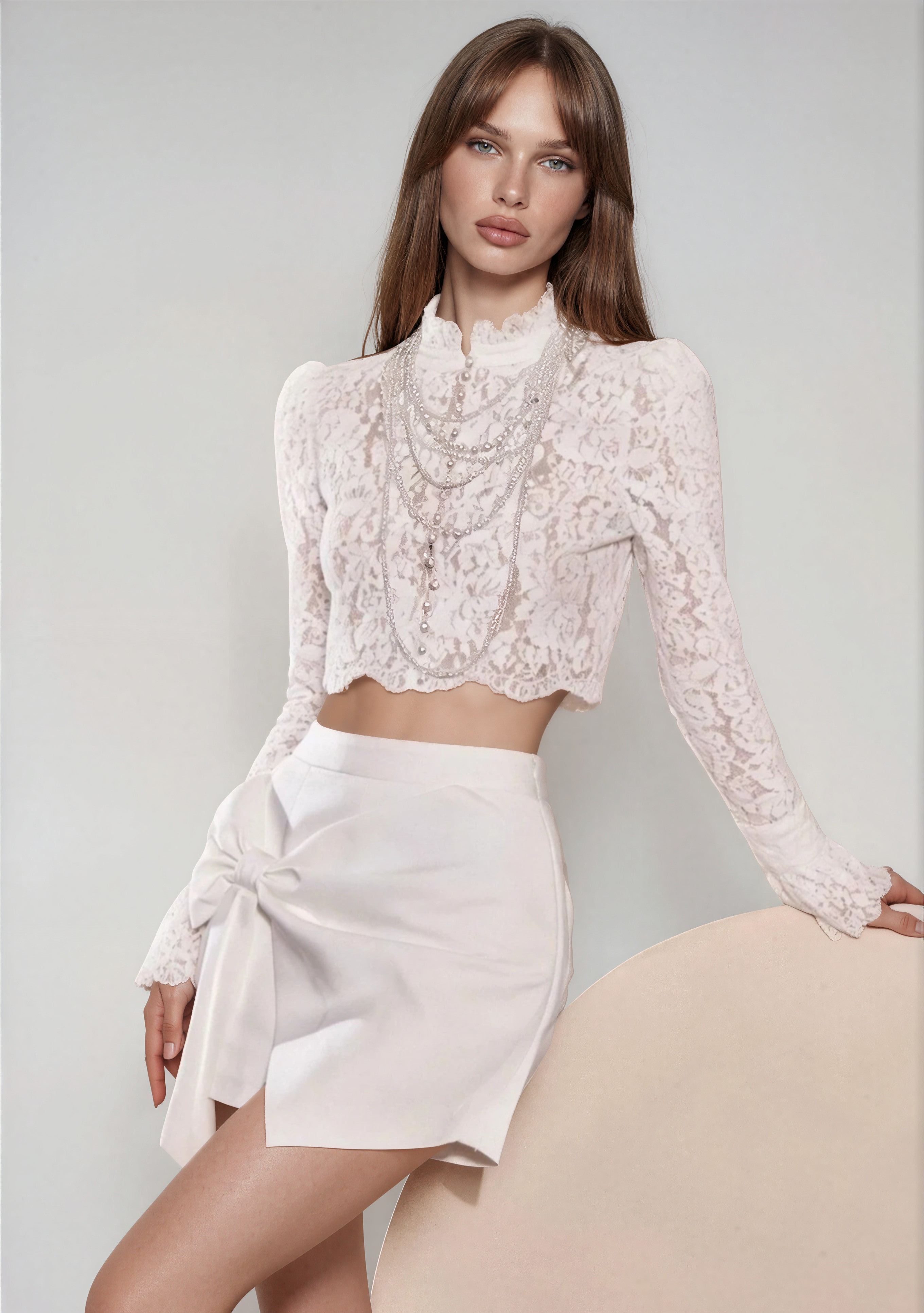 Dumitra Crop Lace Bow Skirt Set