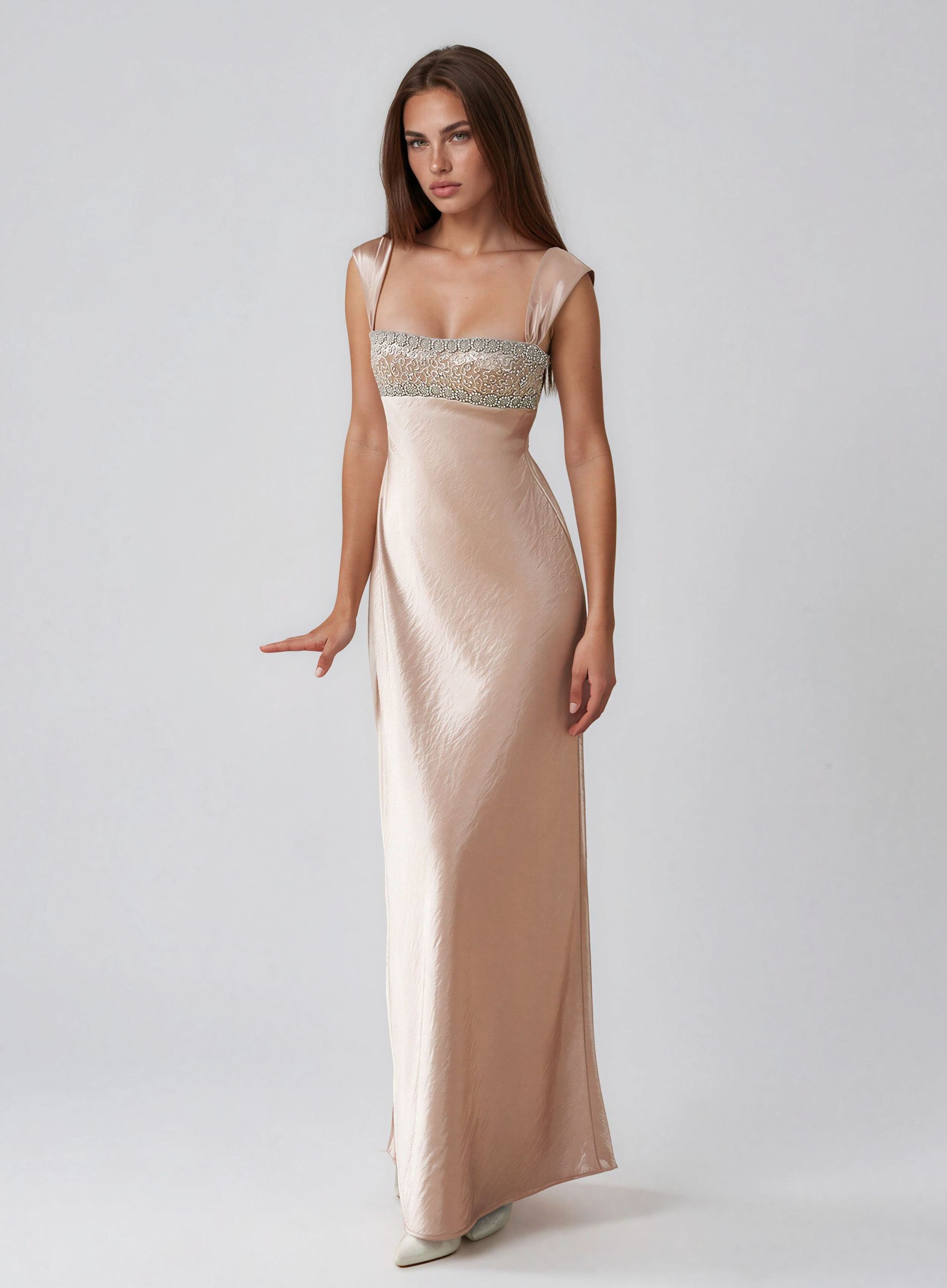 Fallon Sleeveless Rhinestone Satin Maxi Dress