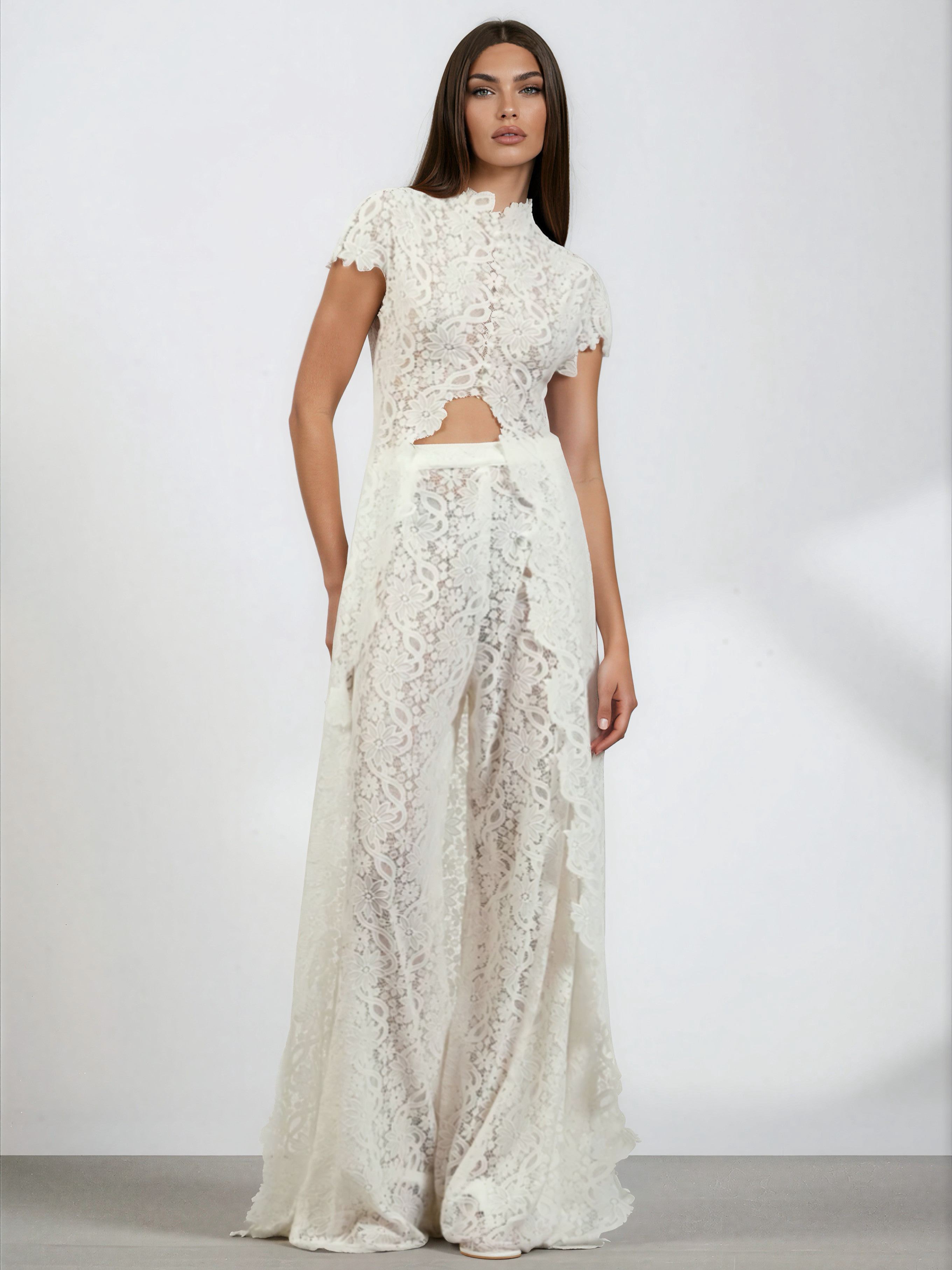 Leviah White Floral Lace Top & Trousers Set