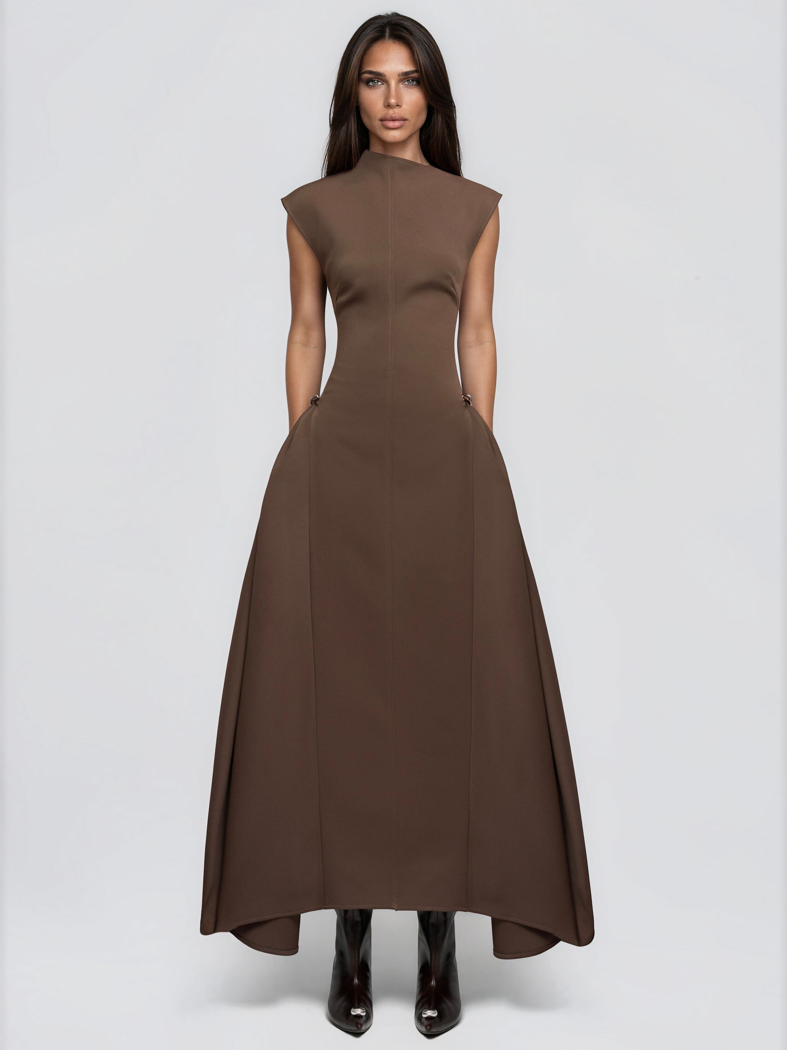 Jetgraph Sleeveless Asymmetric Maxi Dress In Brown