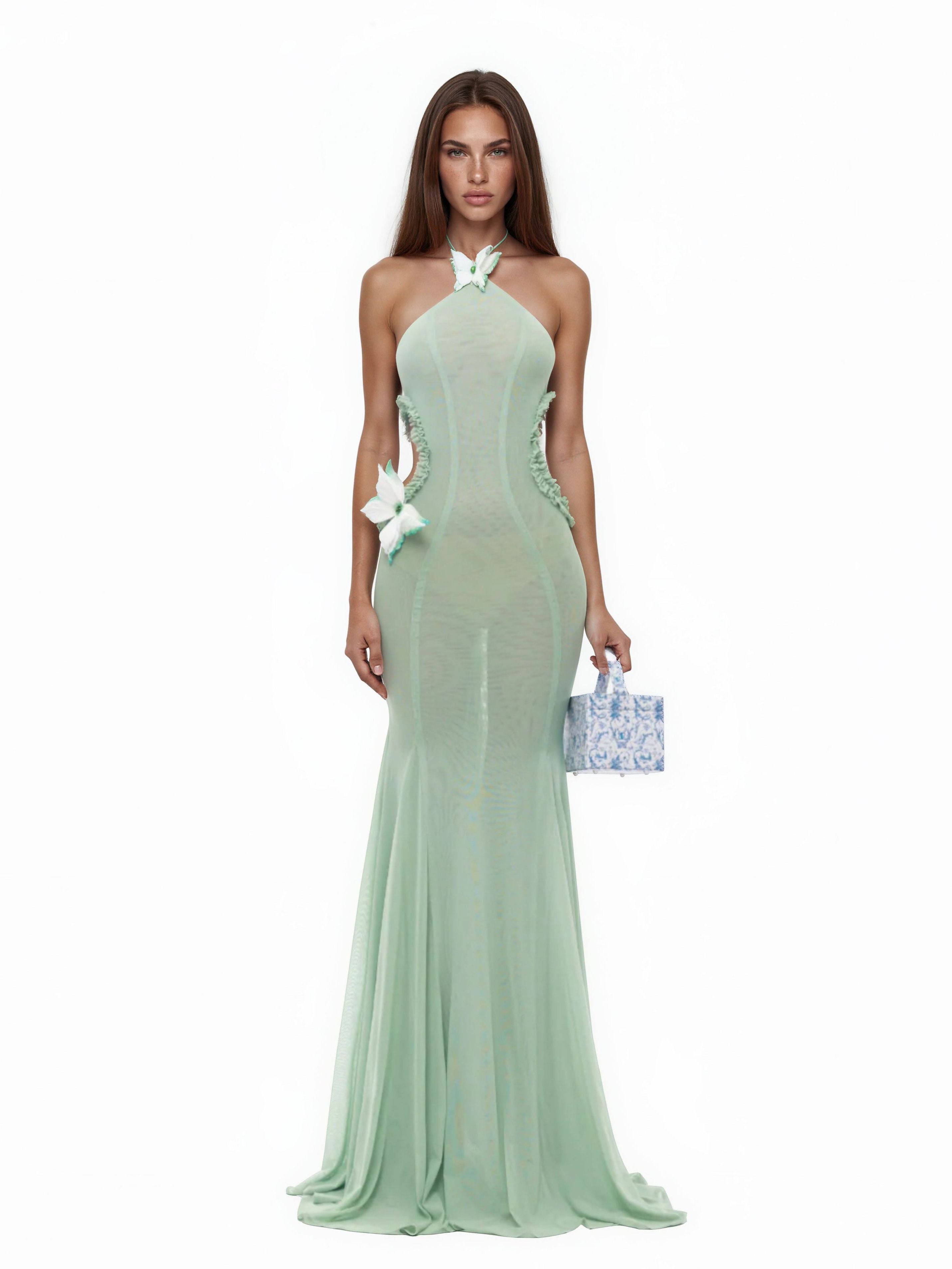 Bodie Butterfly Halter Cutout Mesh Maxi Dress - Green