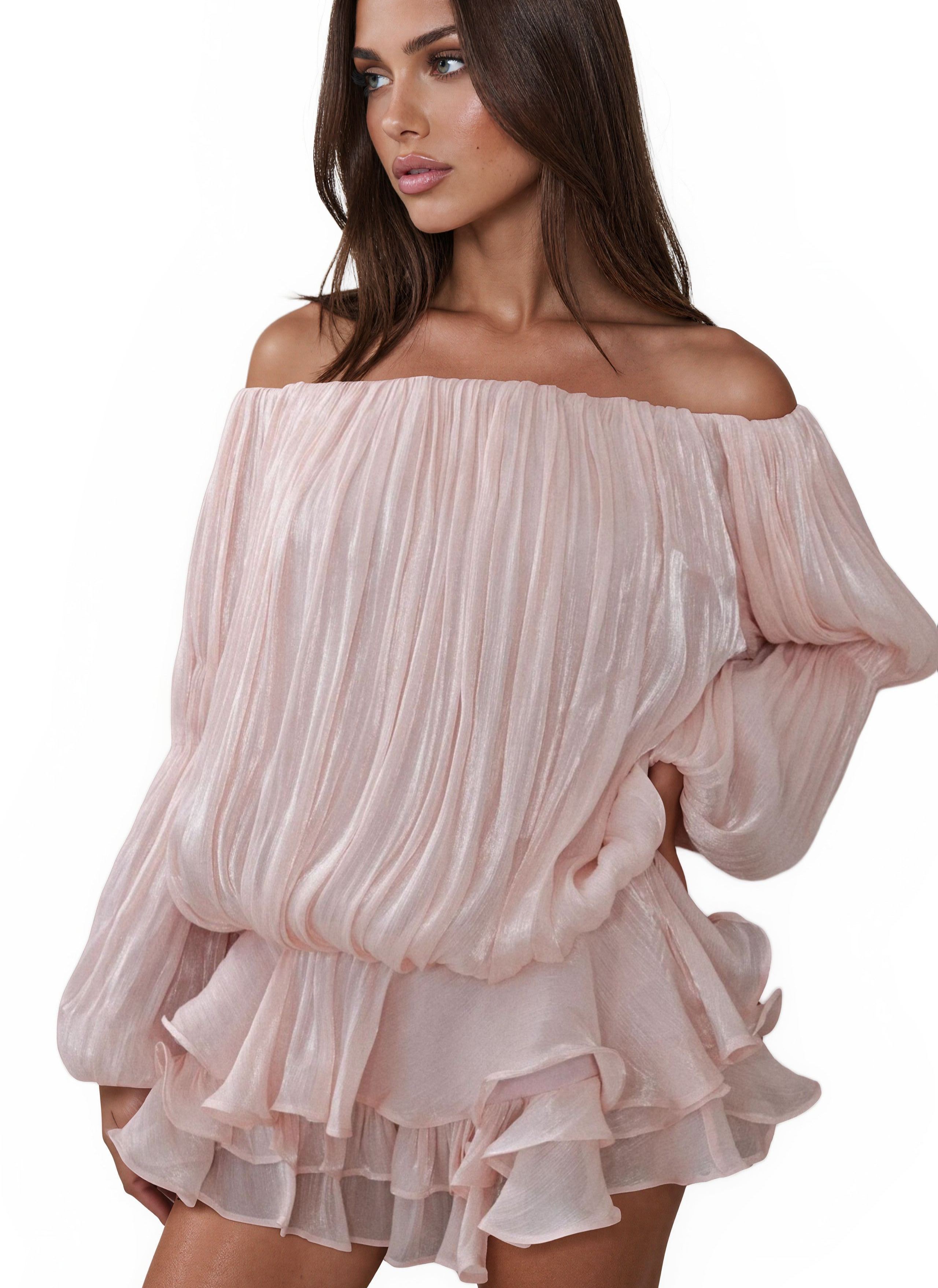 Feridun Pink Glossy Pleated Tiered Mini Dress