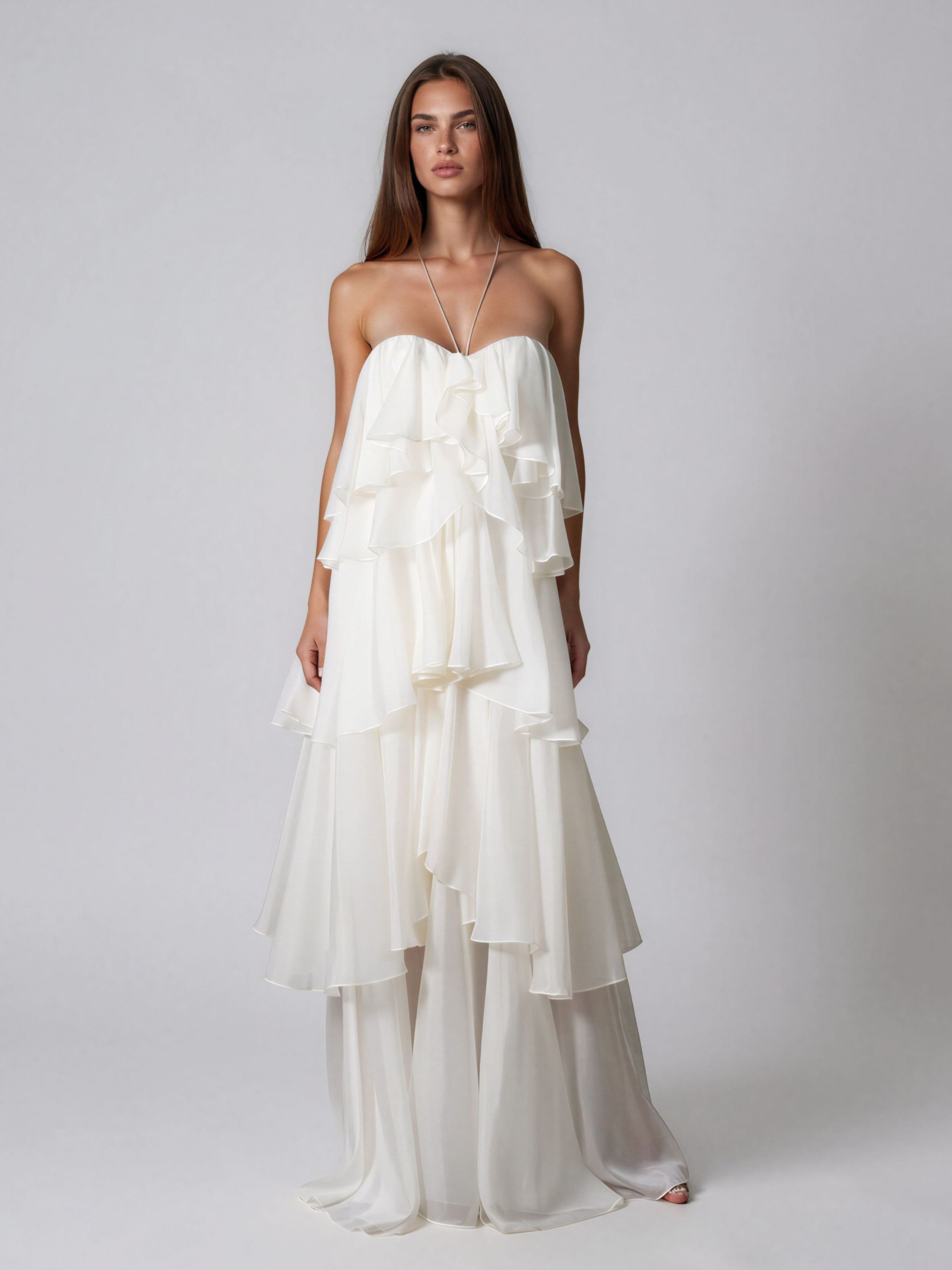 Hystien Ruffle Halter Neck Midi Dress