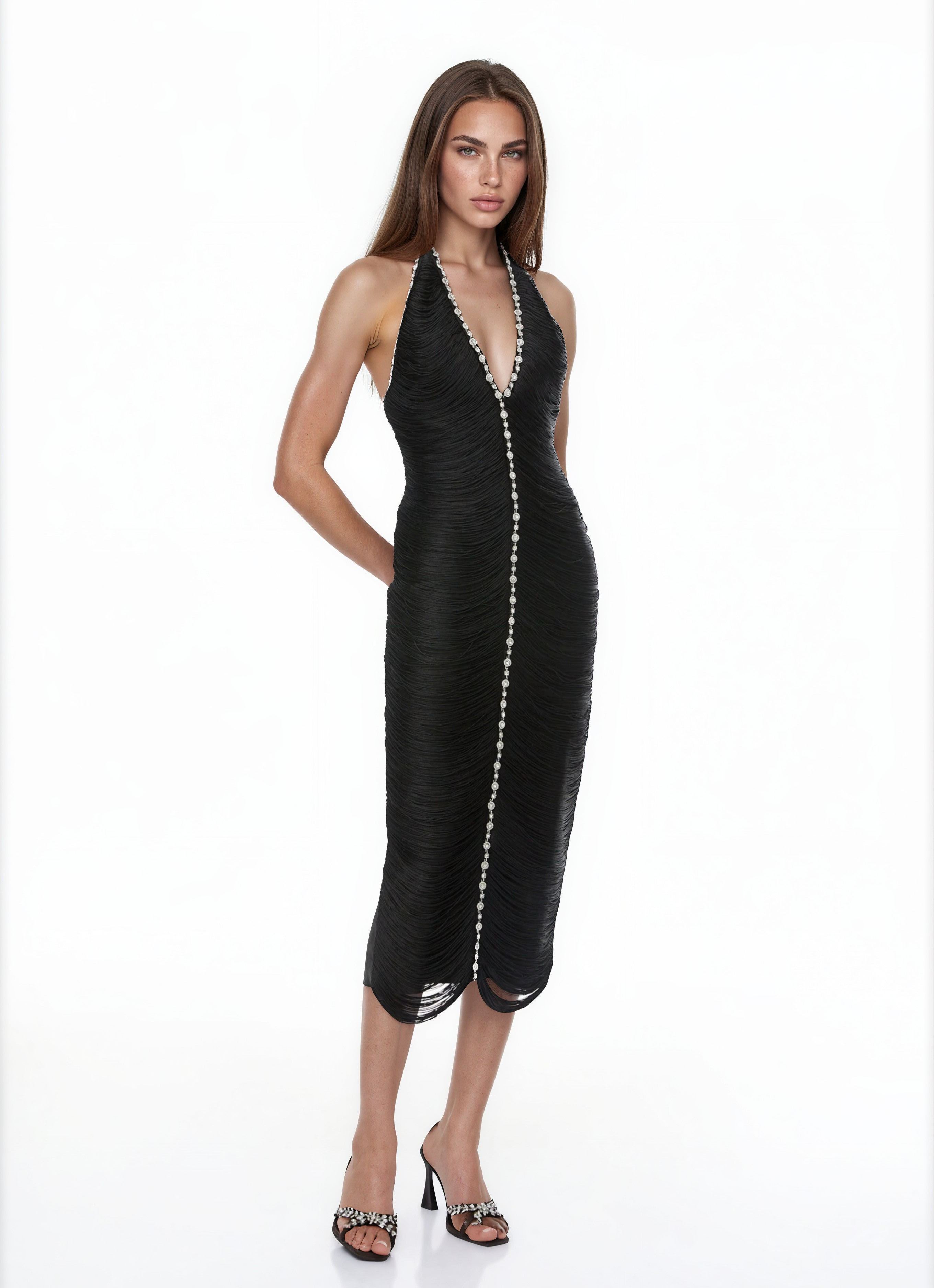Gerlamaquo Black Halterneck Embellished Fringed Midi Dress