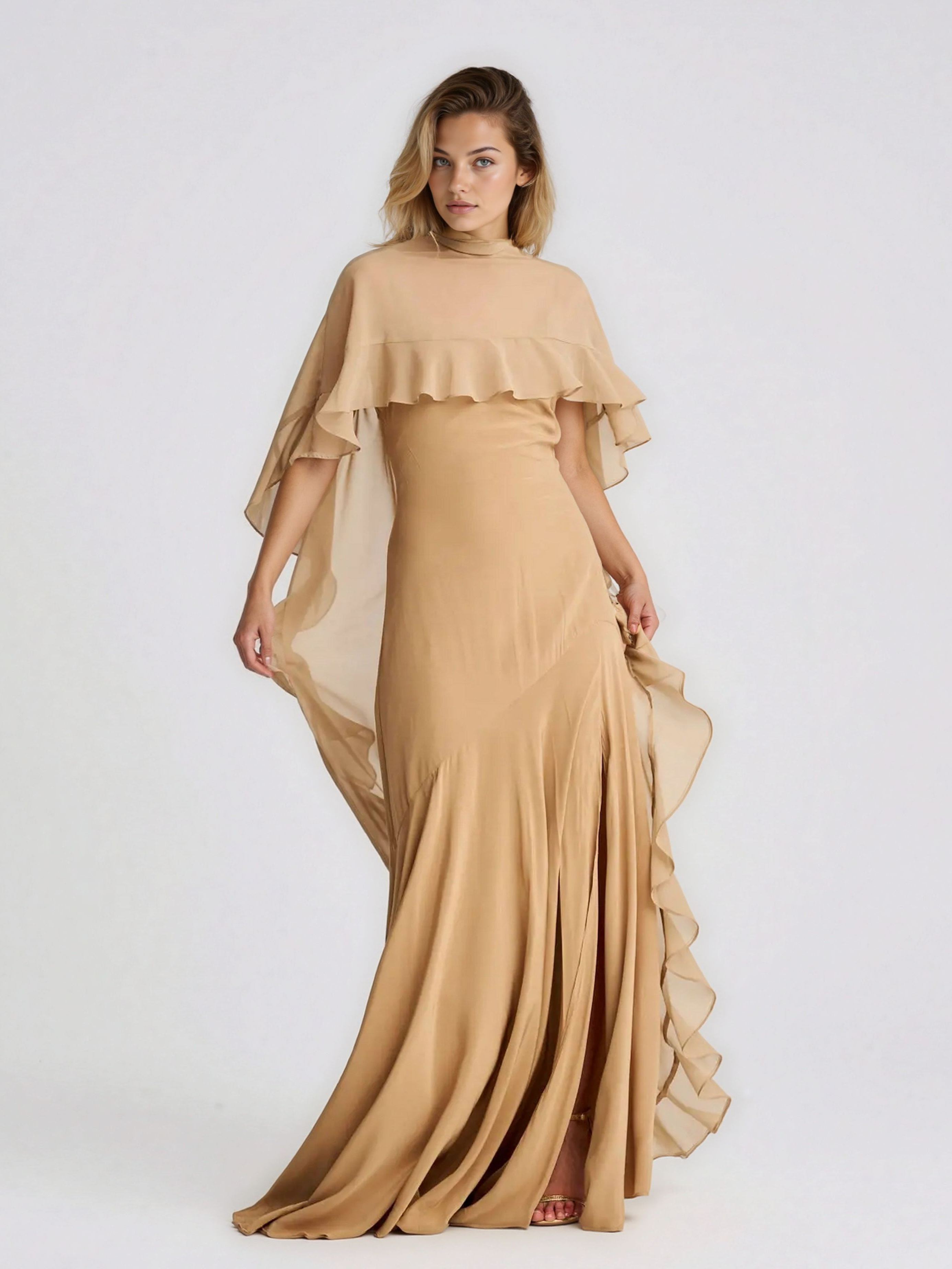 Voidsphere Champagne Satin Top & Skirt Set With Cape Detail
