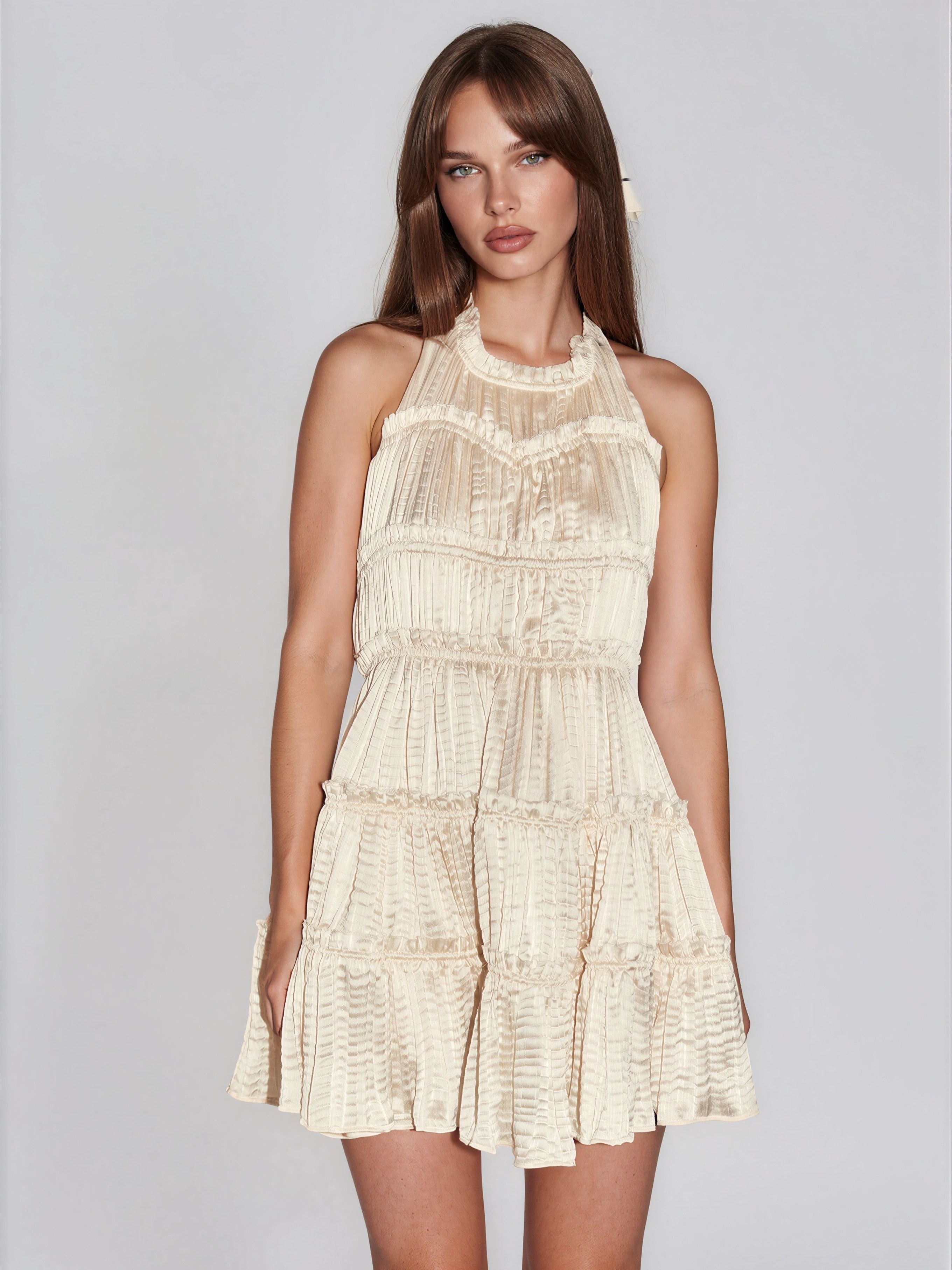 Cadogan Heather Cream Halter Tiered Mini Dress