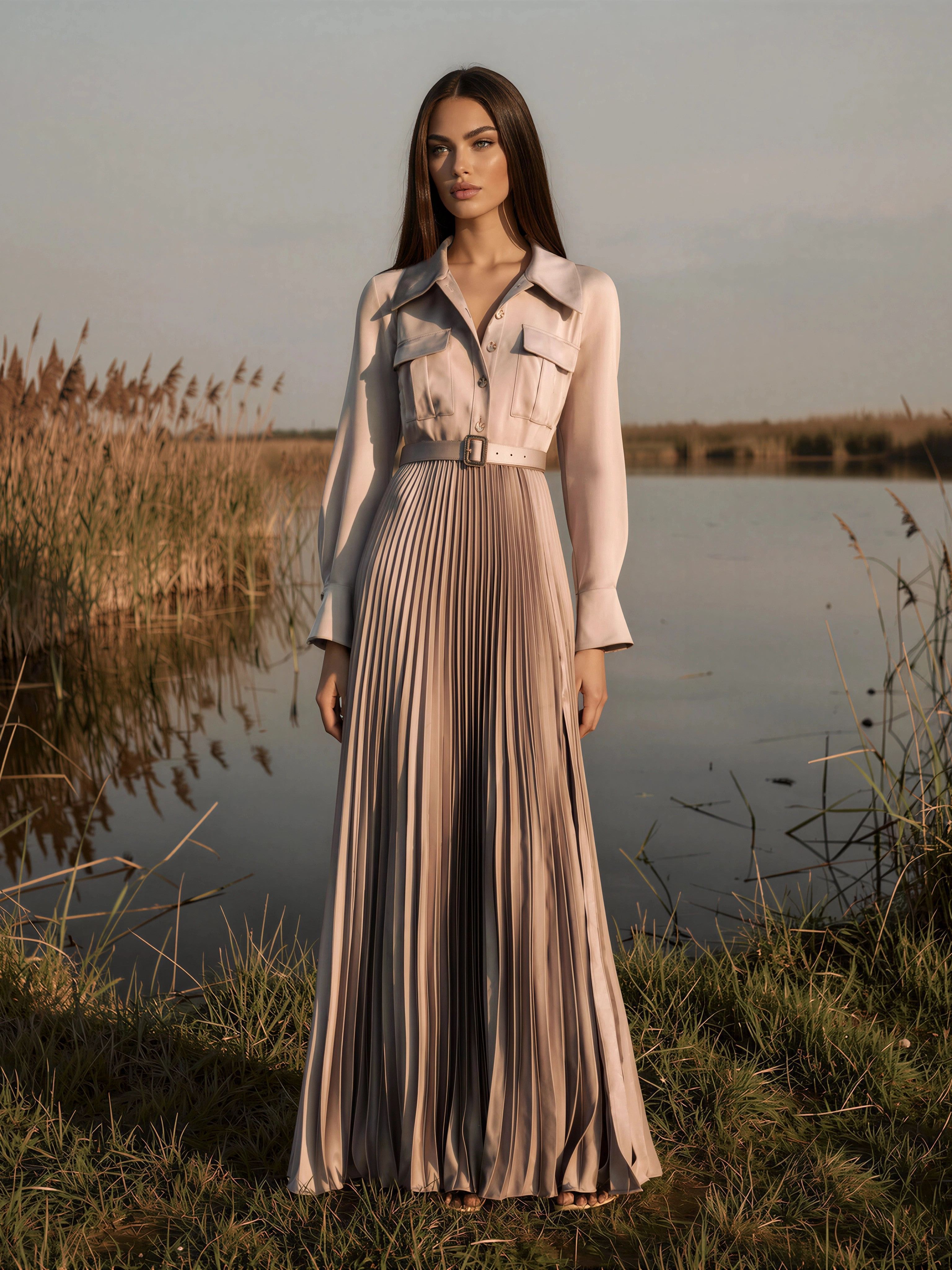 Greyzoh Satin Pleated Maxi Dress