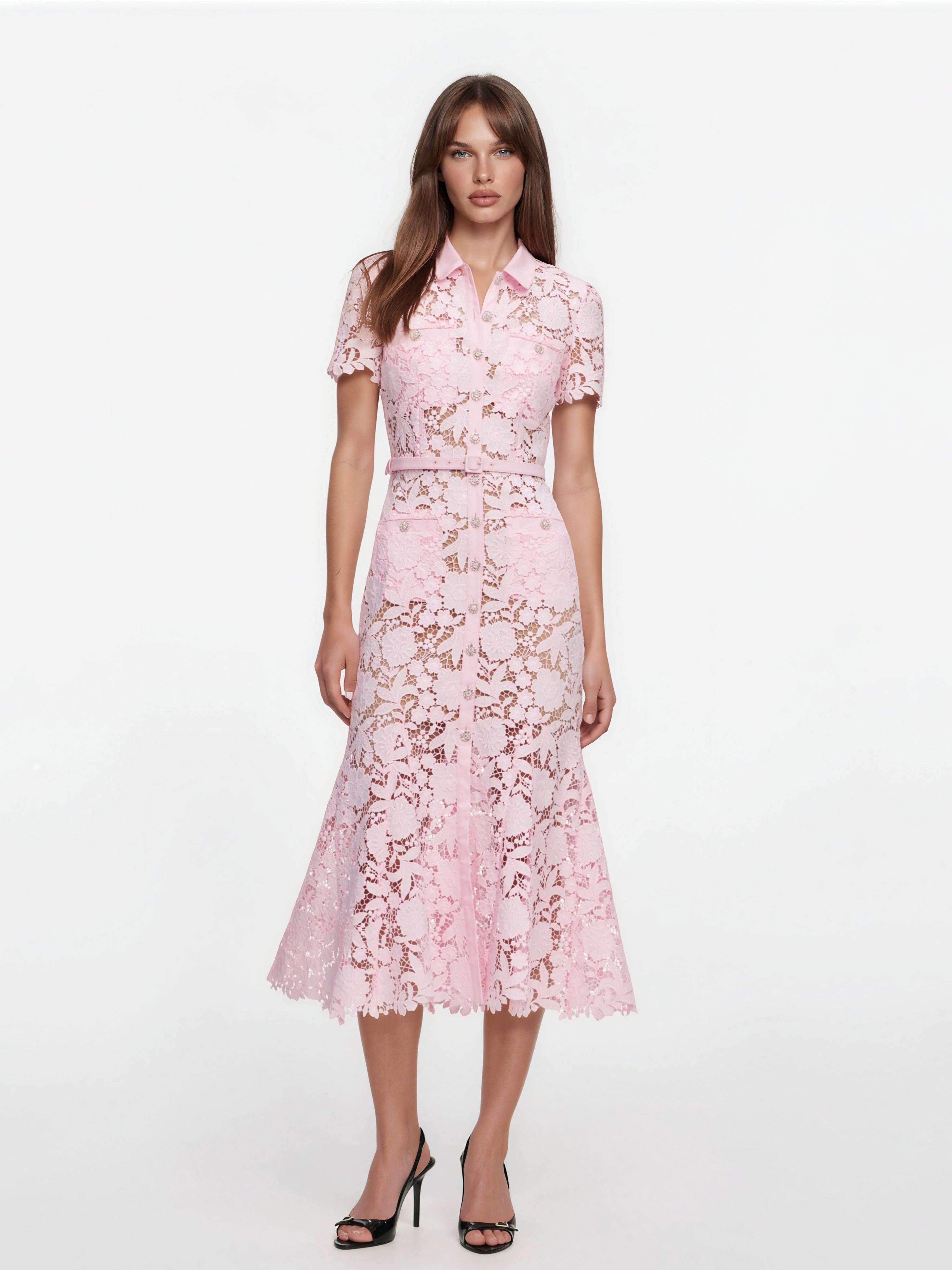 Aprowos Pink Floral Appliqué Lace Midi Dress