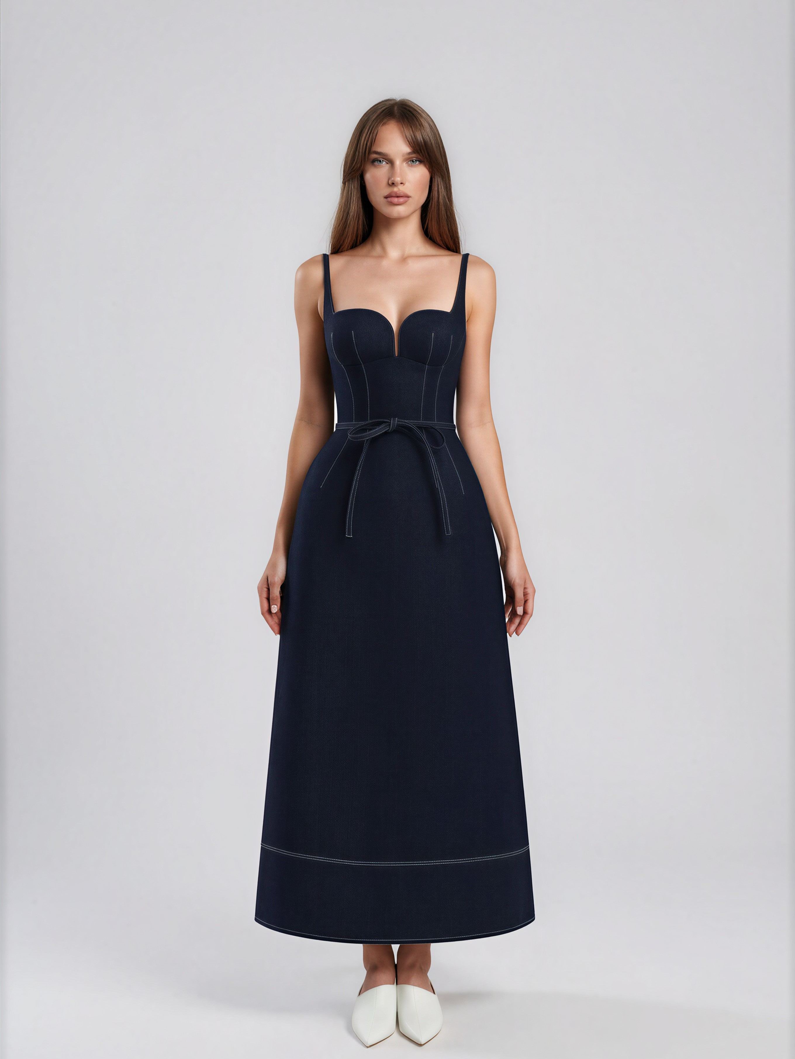 Champagne Bow Belted Denim Maxi Dress