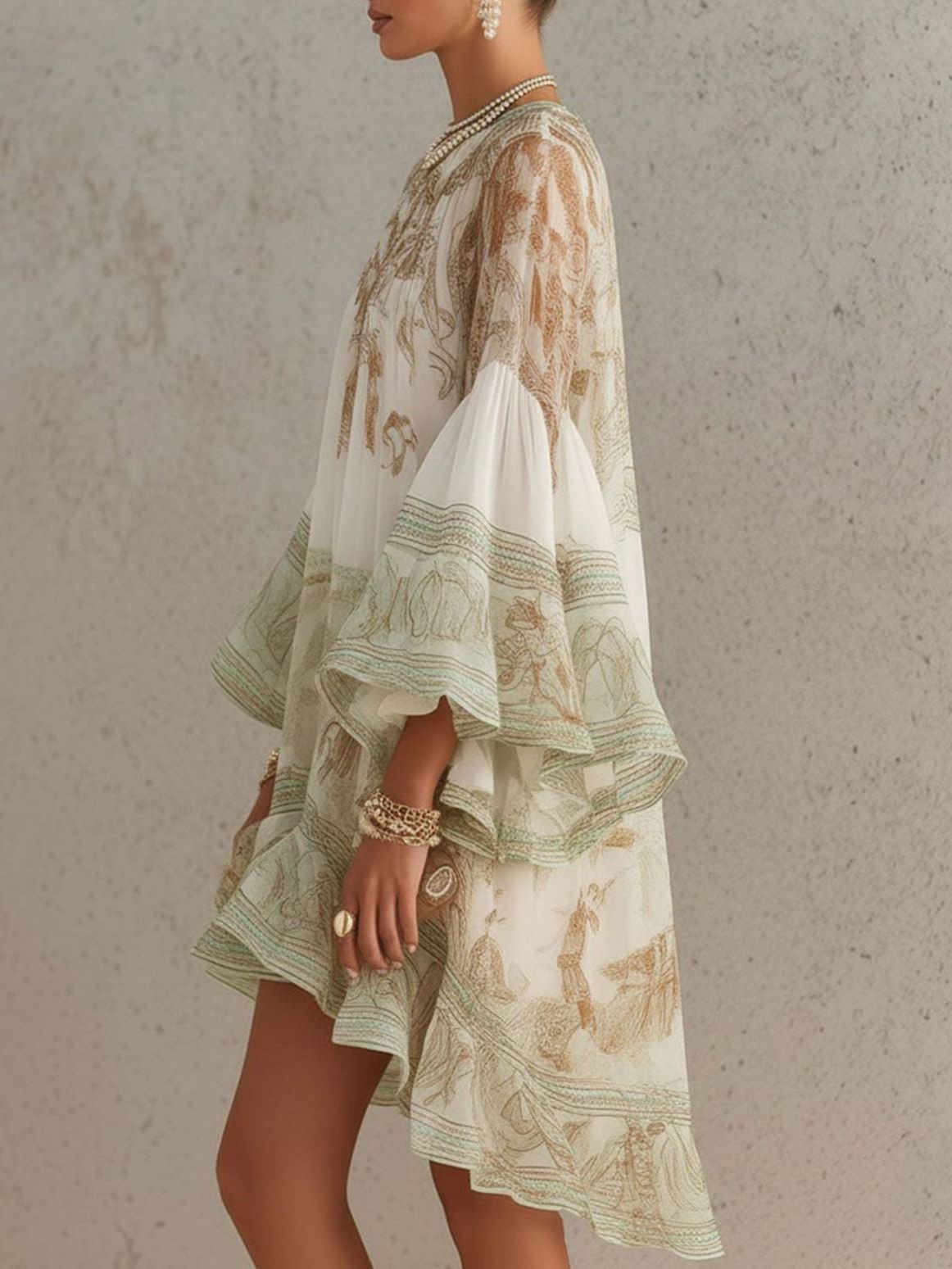 Hermanus Bell Sleeve Print Ruffle Mini Dress