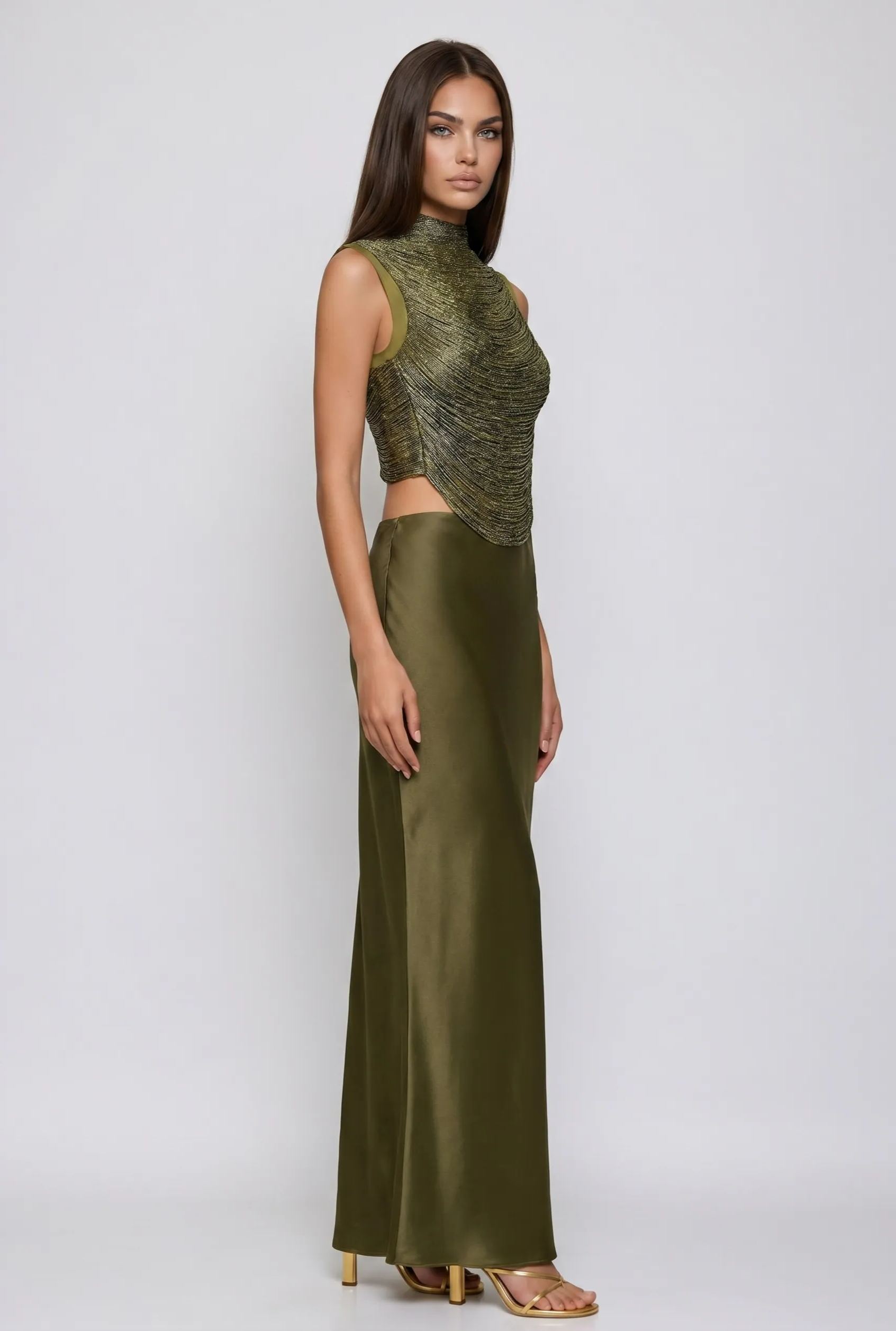 Ferdous Fringe Satin Skirt Set In Olive
