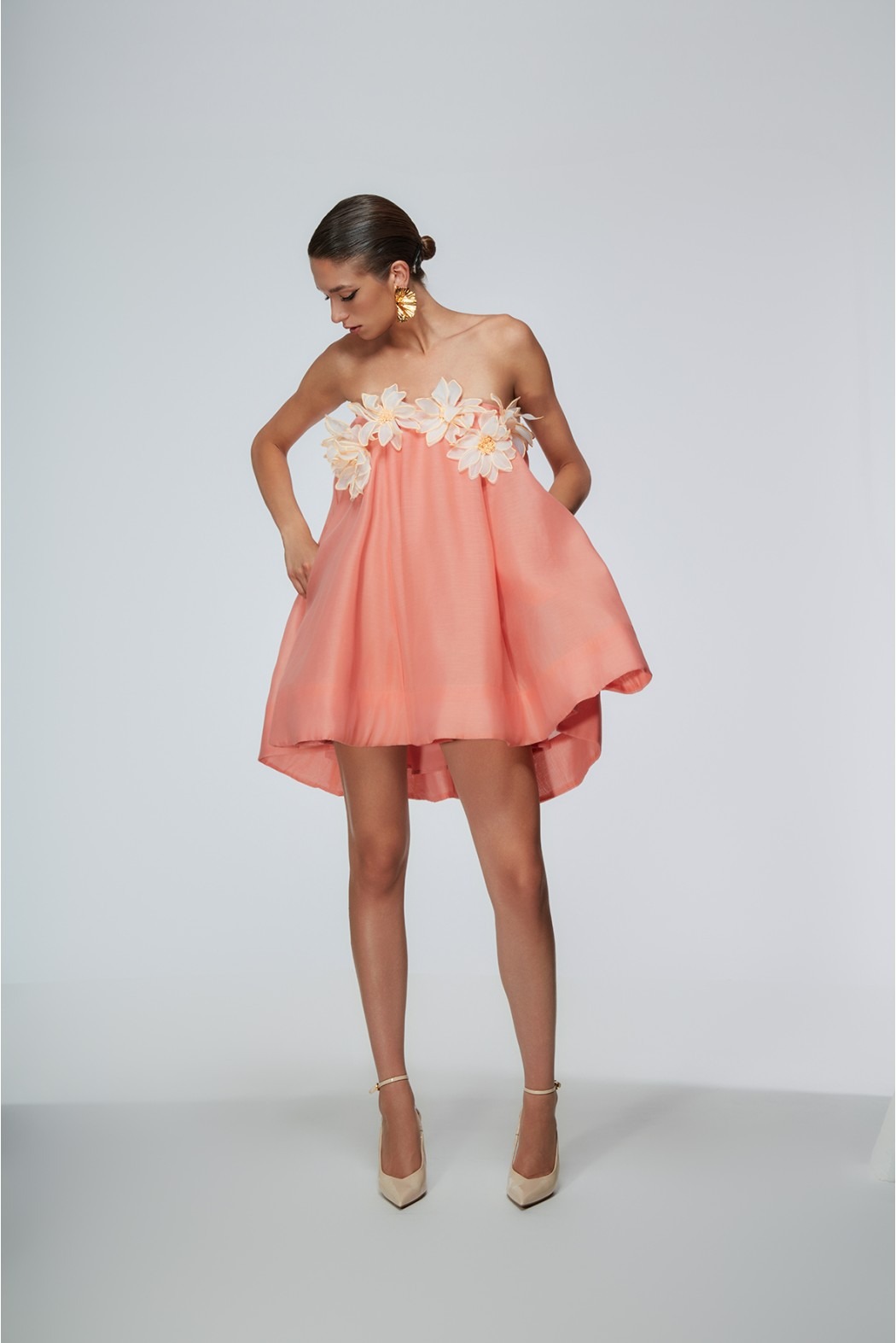 Raffaella Pink Off Shoulder Mini Dress with 3D Florals