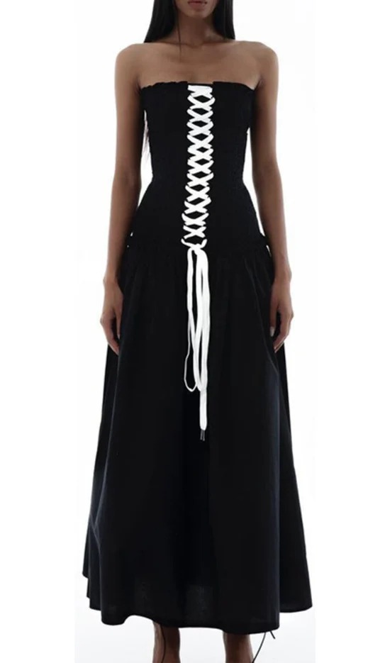 Anoush Lace Up Strapless Maxi Dress