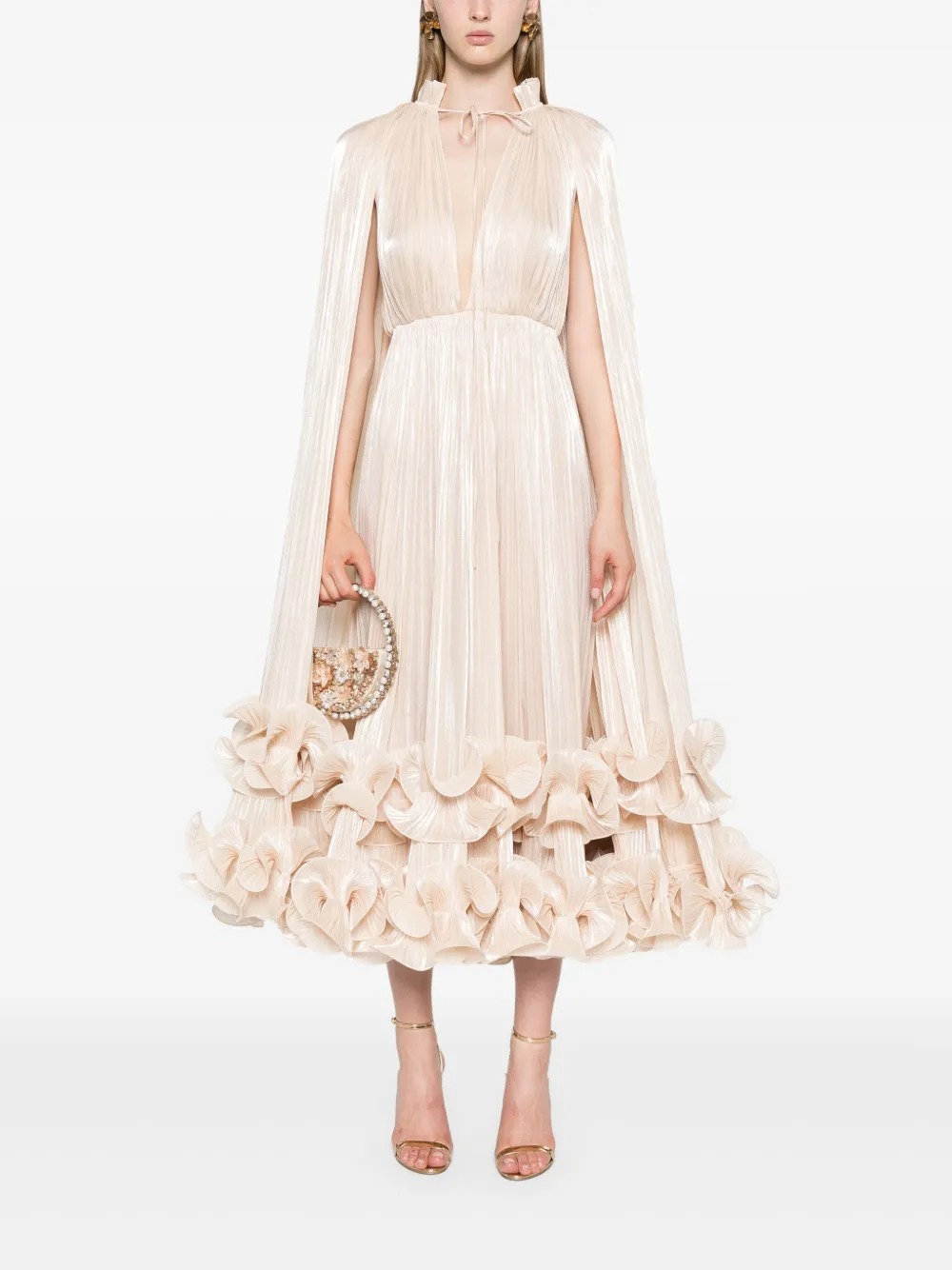 Gelsomina Neutral Cape Pleated Midi Dress