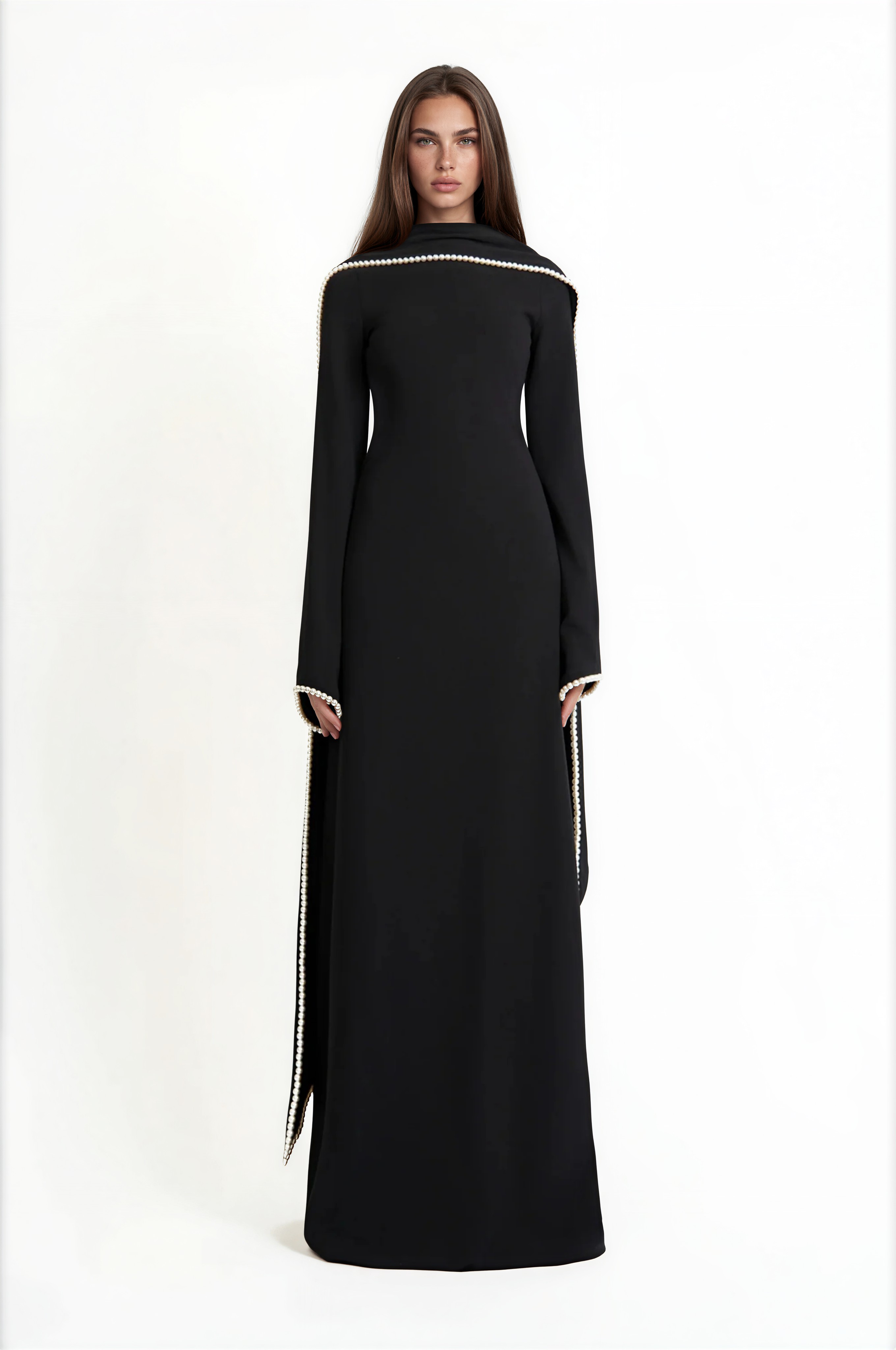 Seraphina Black Pearl Trim Shawl Detail Maxi Dress