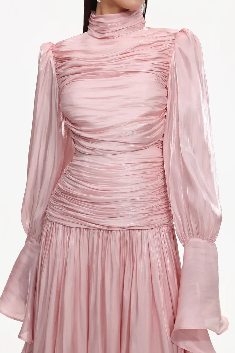 Anralzum Pink Glossy Ruched Maxi Dress