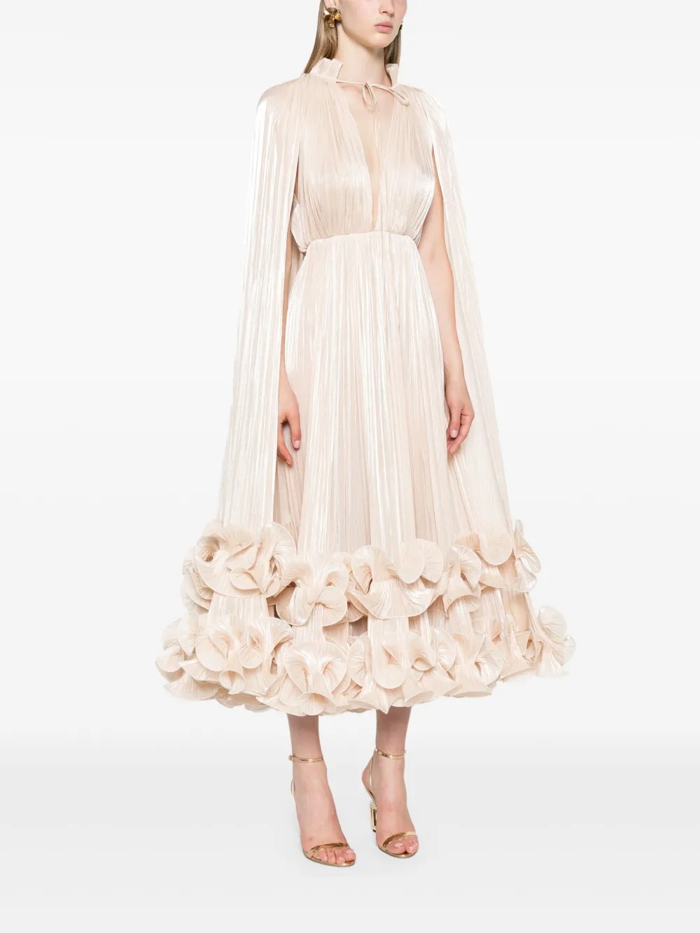 Gelsomina Neutral Cape Pleated Midi Dress