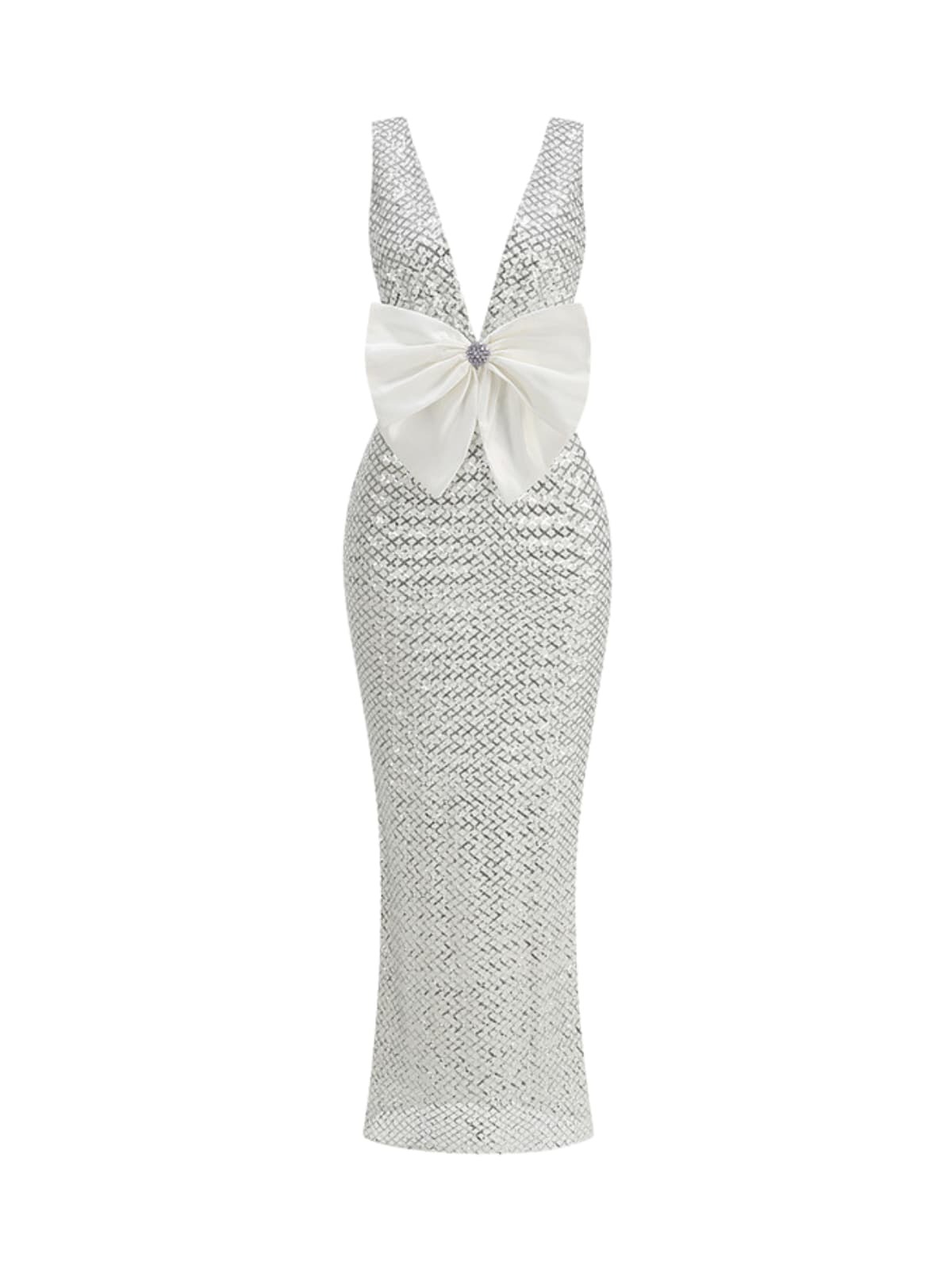Jagtopo V Neck Bow Sequin Maxi Dress In White