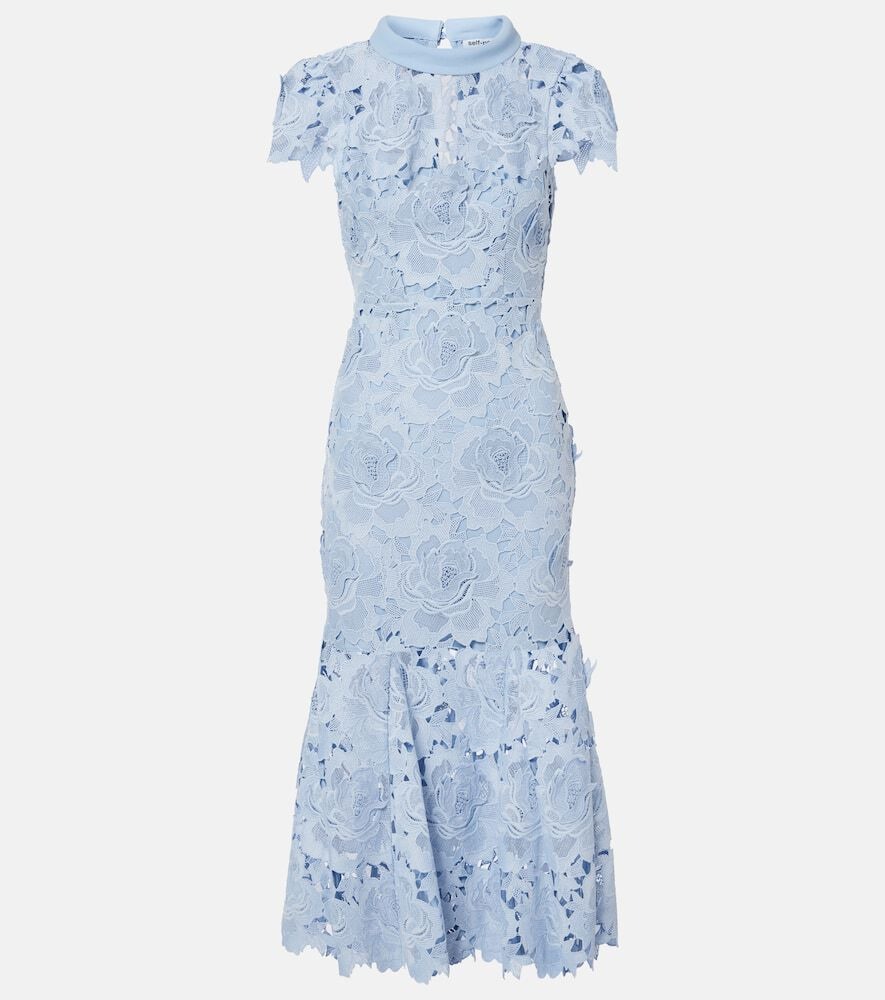 Asmantho Blue Floral Appliqué Lace Midi Dress