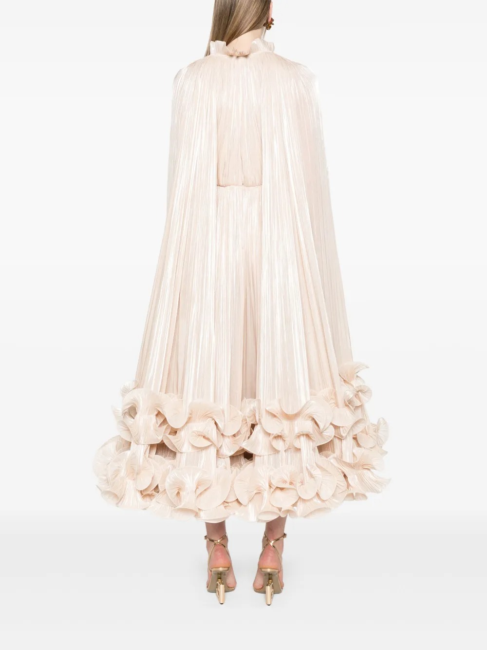 Gelsomina Neutral Cape Pleated Midi Dress
