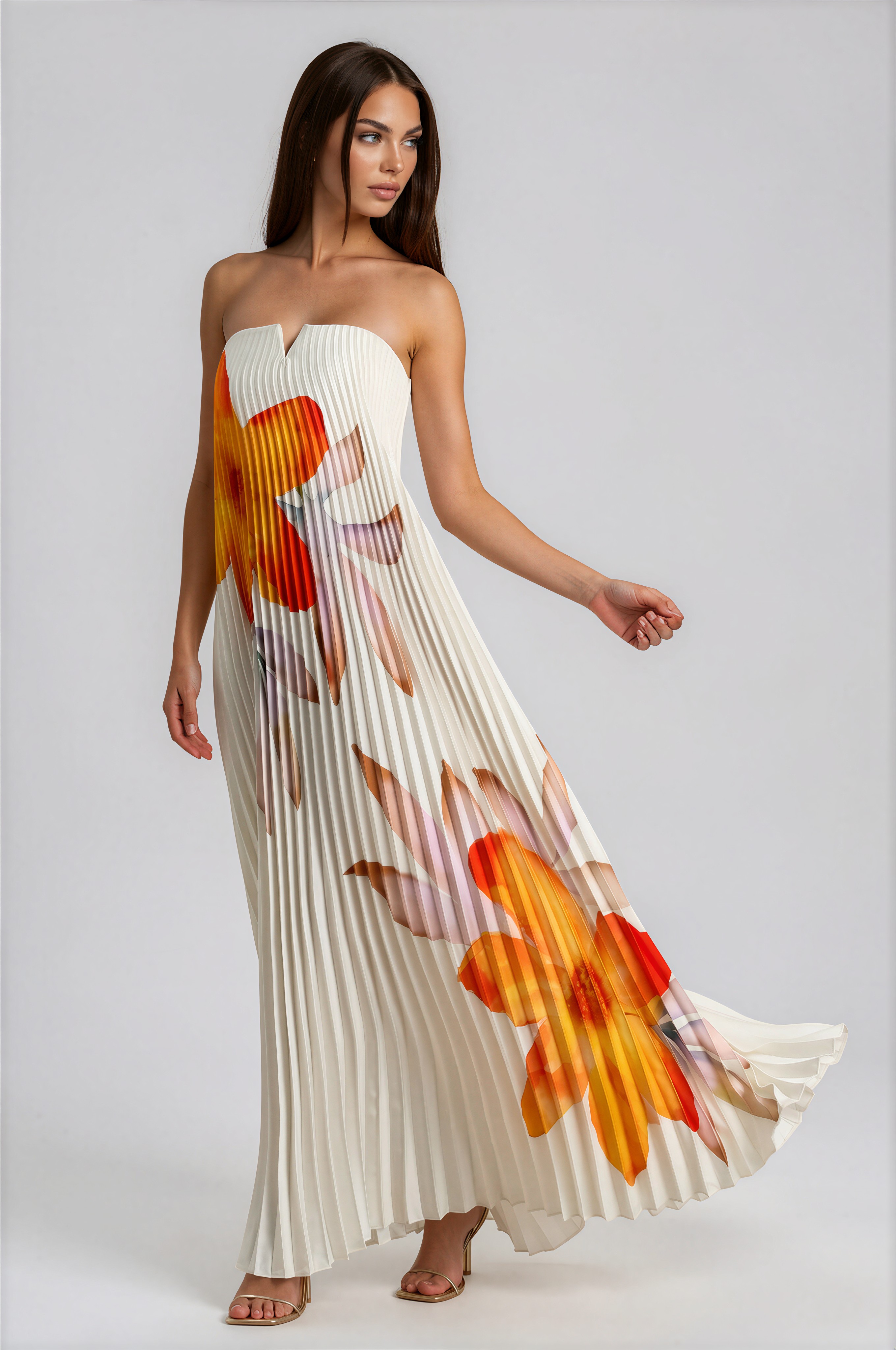 Drevia Strapless Floral Pleated Maxi Dress