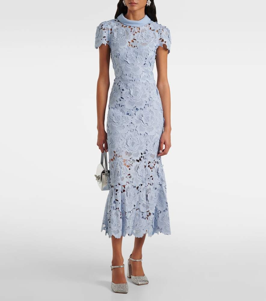 Asmantho Blue Floral Appliqué Lace Midi Dress