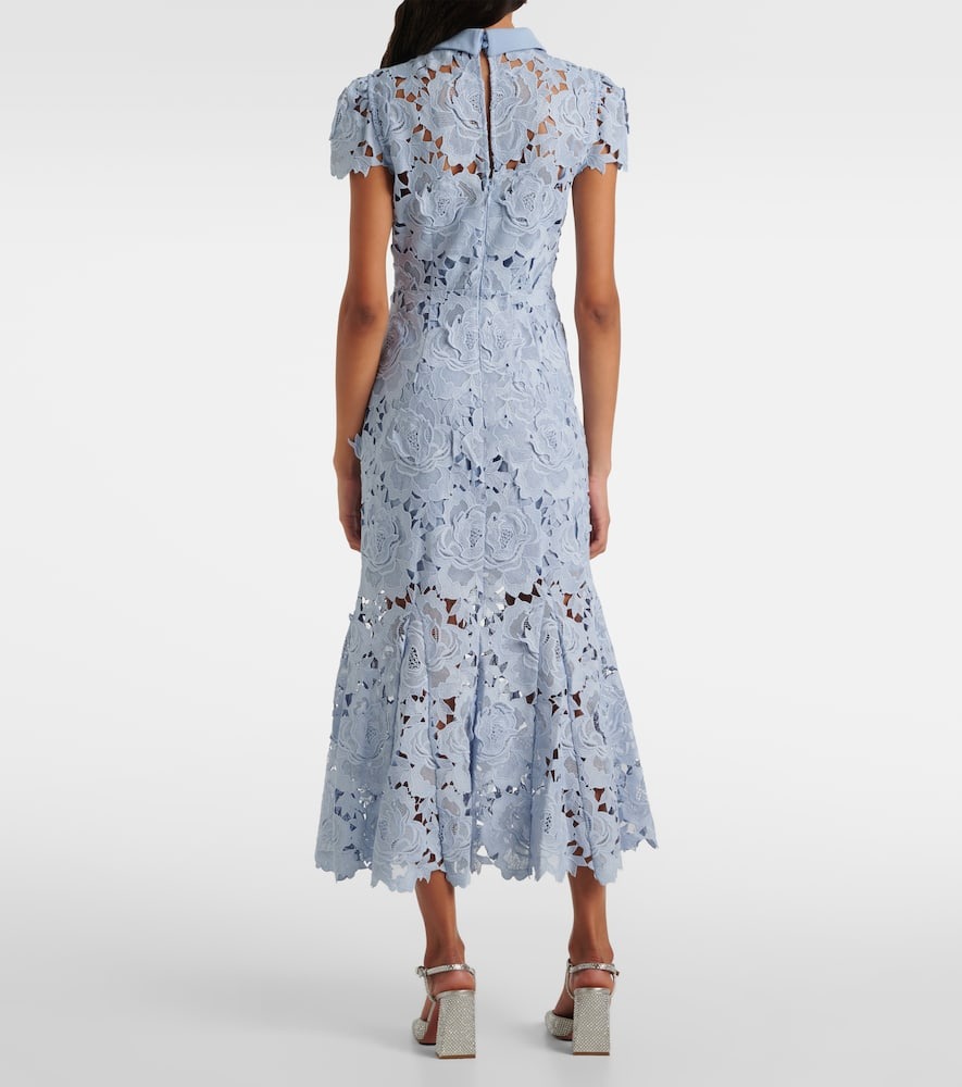 Asmantho Blue Floral Appliqué Lace Midi Dress