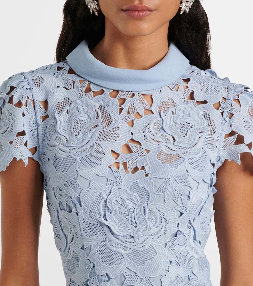 Asmantho Blue Floral Appliqué Lace Midi Dress