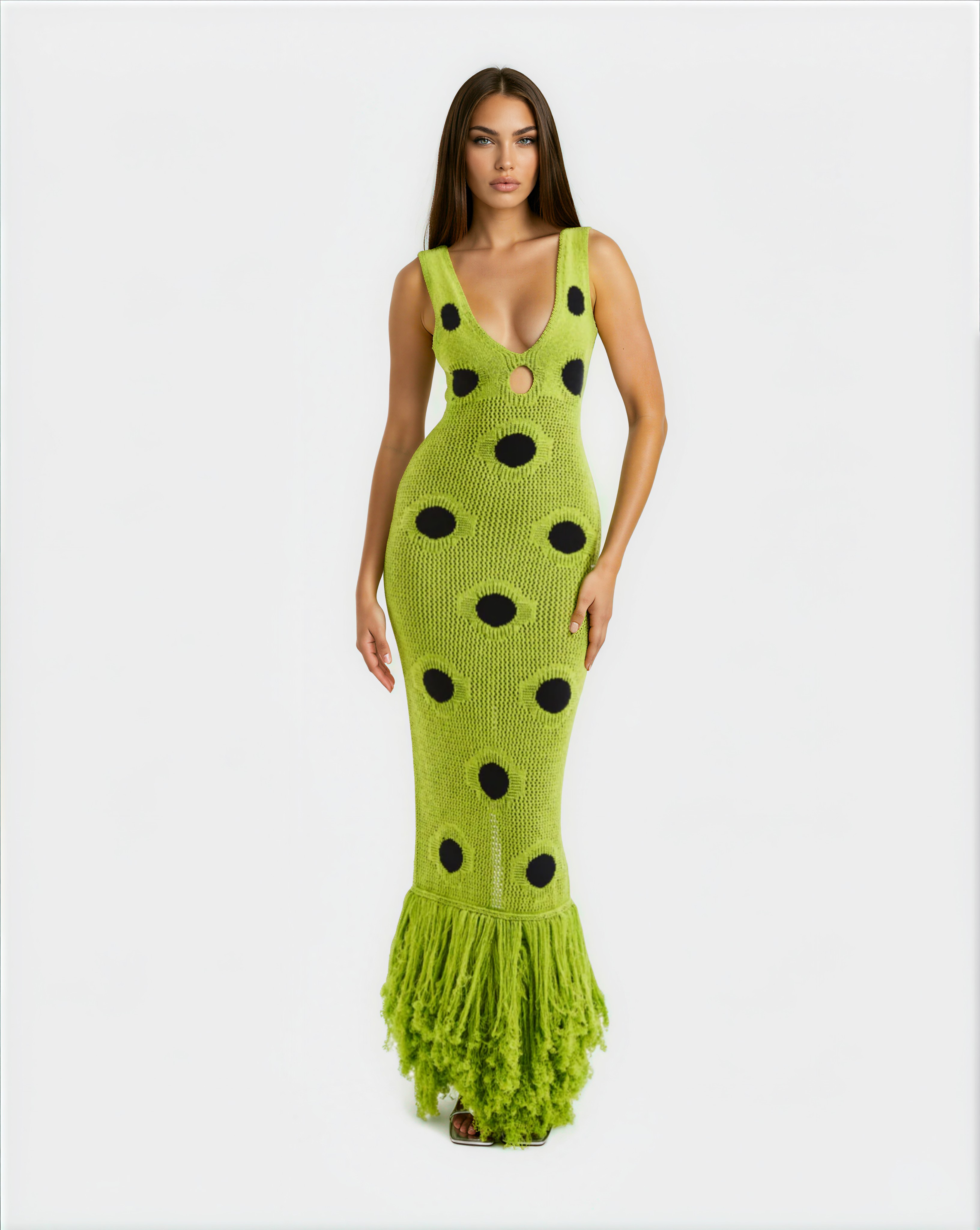 Lloyd Fringe Knit Maxi Dress In Chartreuse