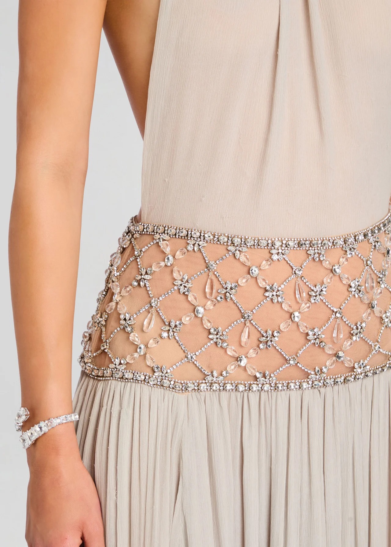 Sophjan Almond Grey Embellished Ruched Maxi Dress