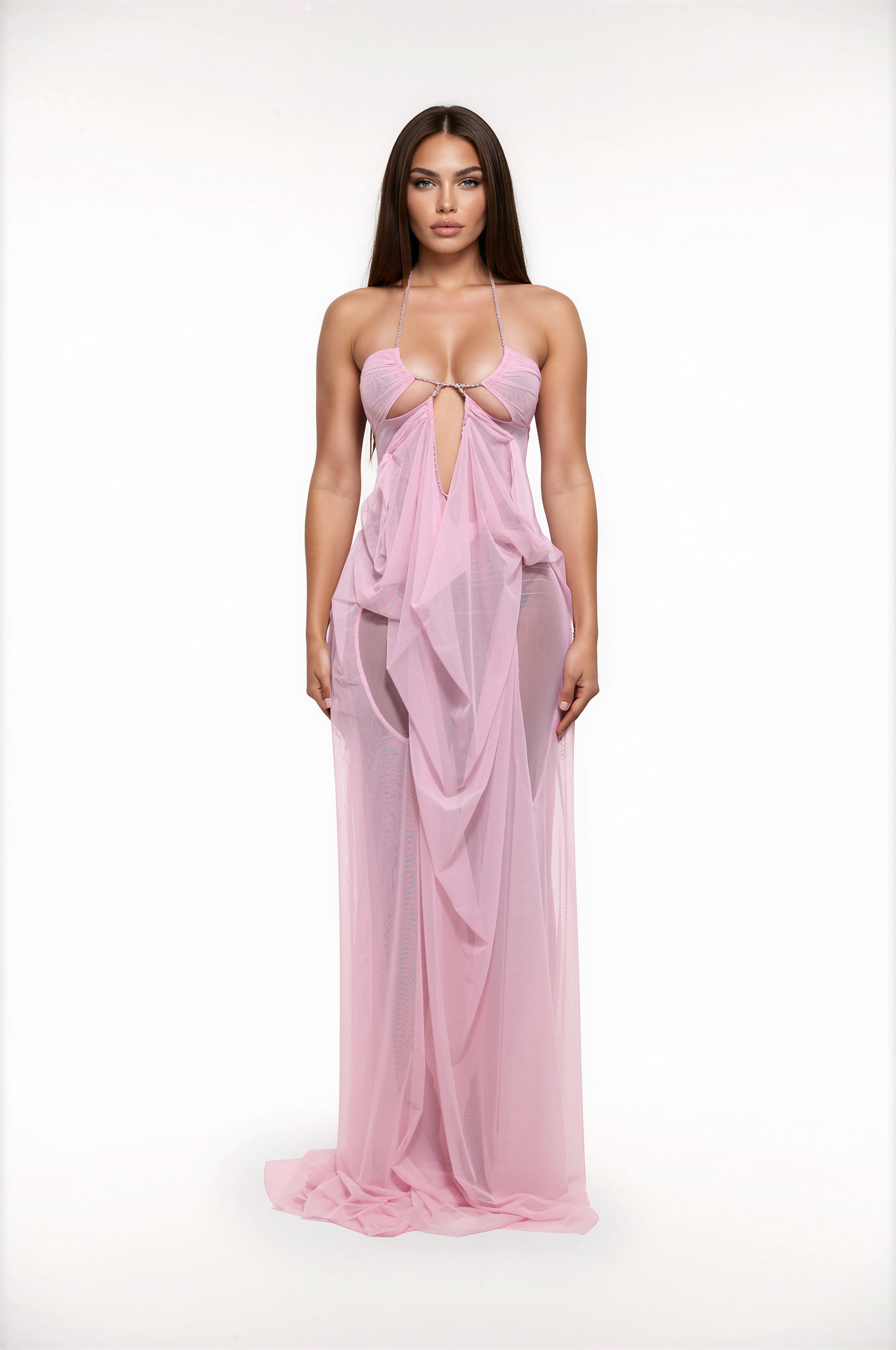 Pinnado Plunge Chain Asymmetric Maxi Dress In Pink