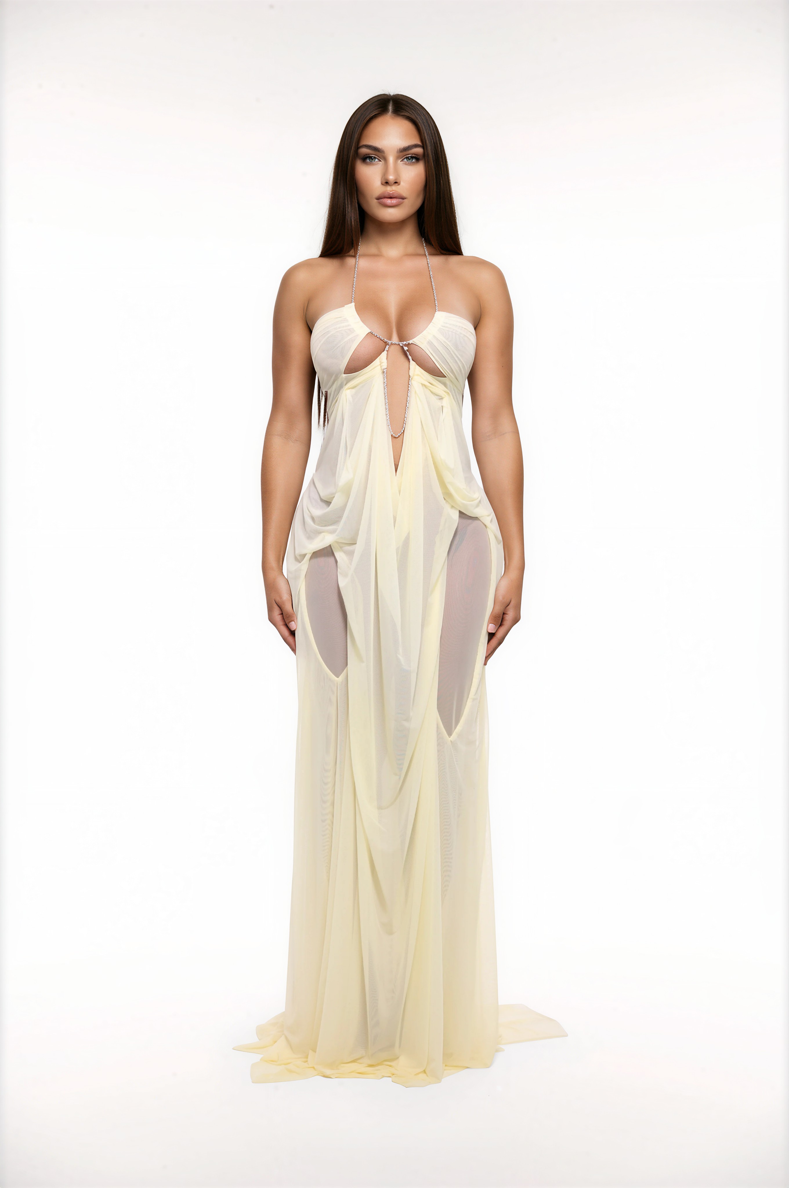 Greque Plunge Chain Asymmetric Maxi Dress In Yellow