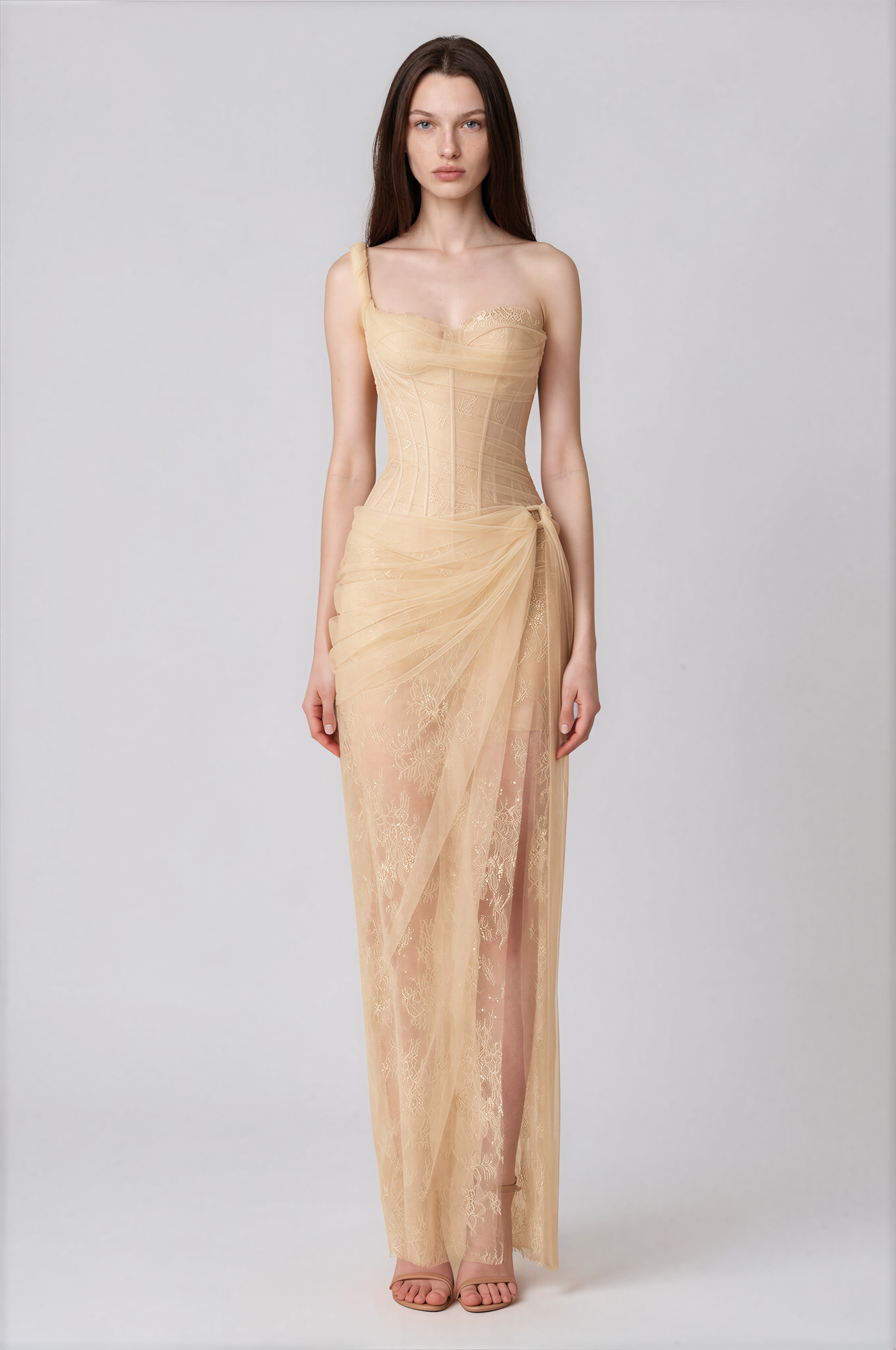 Marvel Lace Corset One Shoulder Midi Dress - Brown