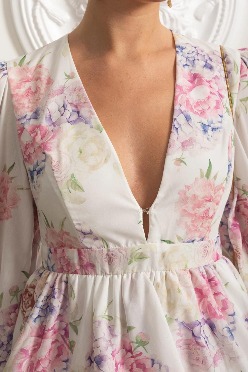 Polisk Floral Tiered Mini Dress with Voluminous Sleeves Pink