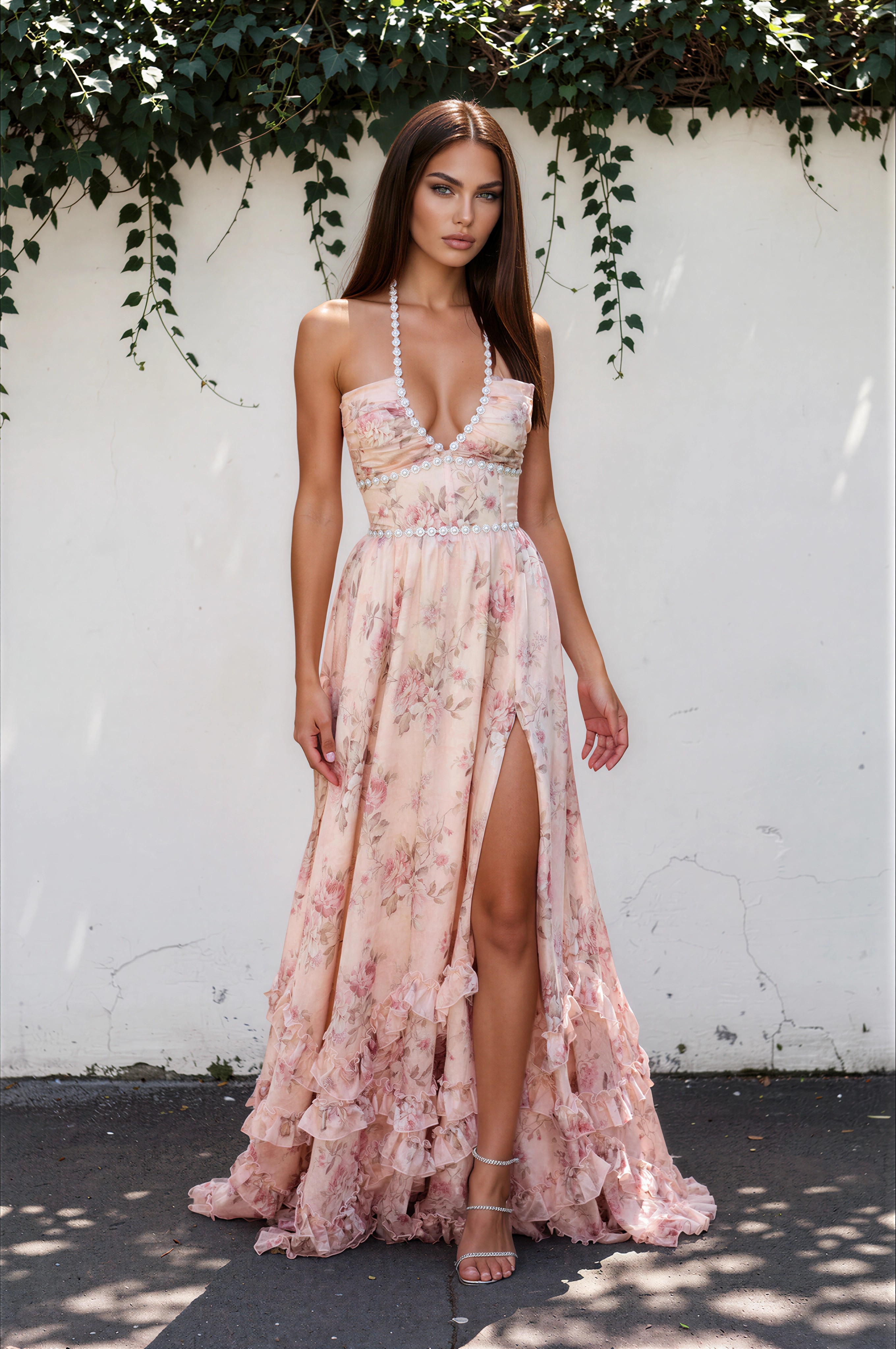 Jersohde Plunge Neck Floral Maxi Dress In Pink