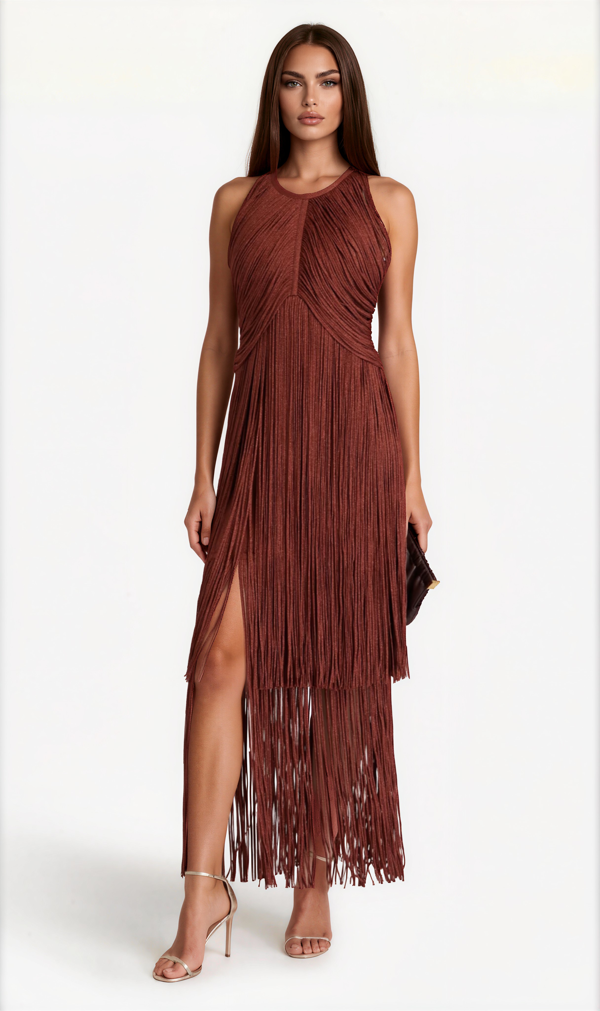 Delta Rusty Red Halterneck Fringed Maxi Gown