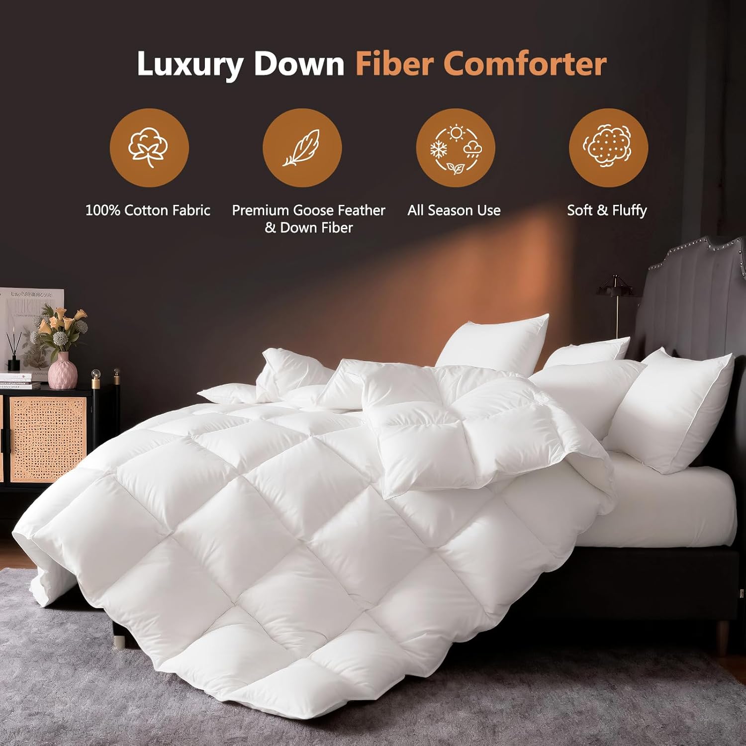 DROVAN Goose Feather Down Fiber Comforter King Size - 100% Cotton Duvet Insert with 8 Corner Loops - Luxurious All-Season Hotel Collection, 106x90 Inch