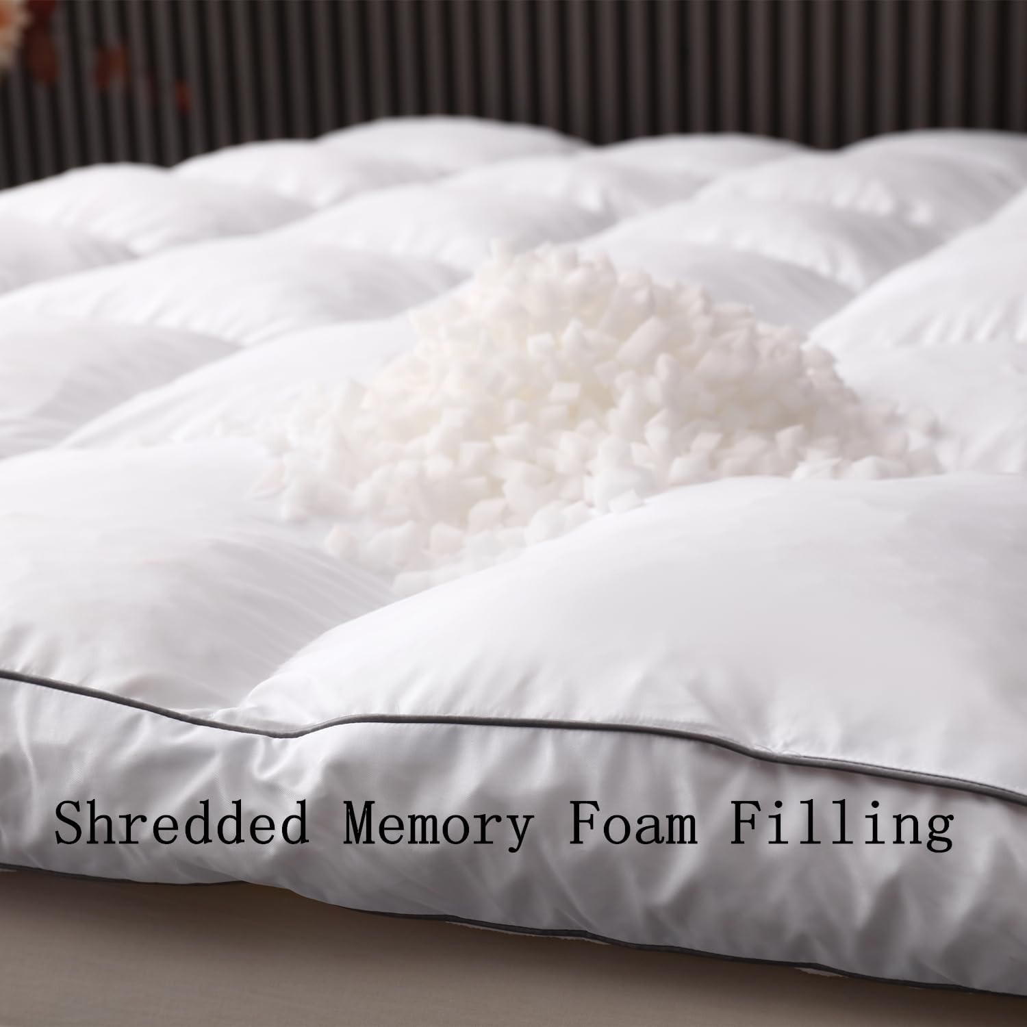 3 Inch Memory Foam Mattress Pad Queen , Pillow Top with Soft Fluffy Shredded Memory Foam Filling Mattress Topper, Non-Slip Design, 4 Elastic Straps
