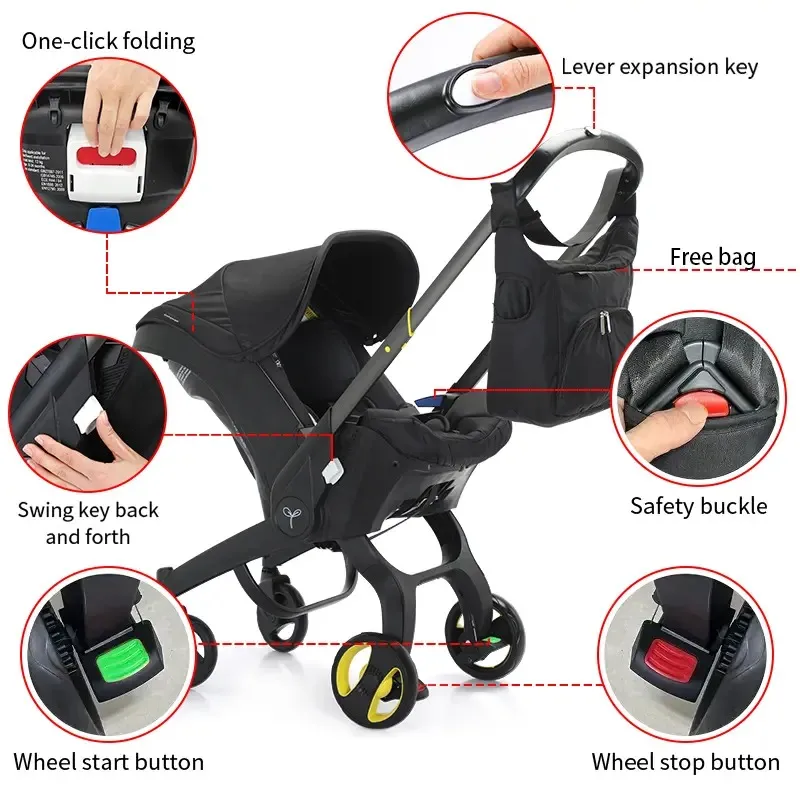Cochecito de bebé con bolsa de regalo, plegable para recién nacidos; equipado con cinturón de seguridad de cinco puntos y clip pectoral; se puede empujar en ambas direcciones; cuenta con ruedas con amortiguación y es ideal para viajar.