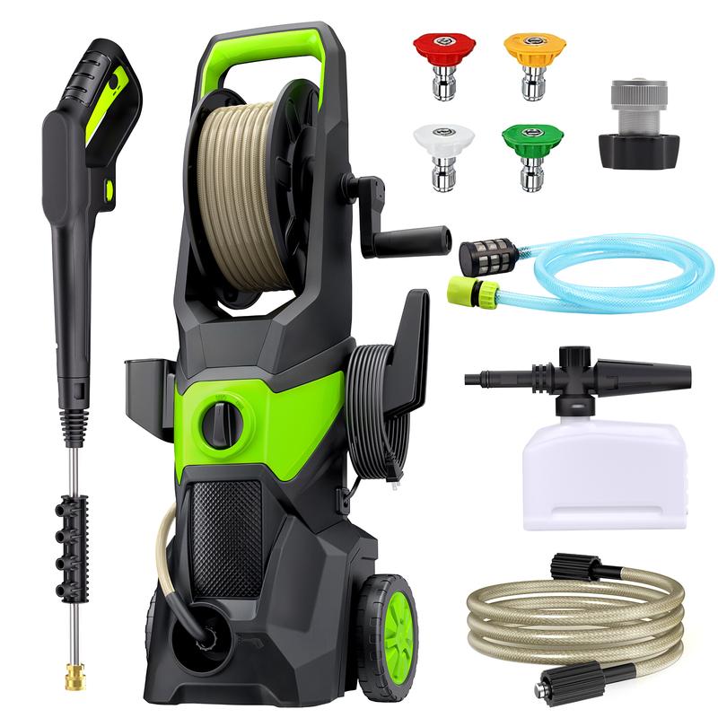 Hidrolavadora eléctrica de 2600 PSI y 2.4 GPM con 4 boquillas y cañón de espuma para limpiar autos, entradas de vehículos, terrazas, cercas, patios y suciedad difícil en exteriores.