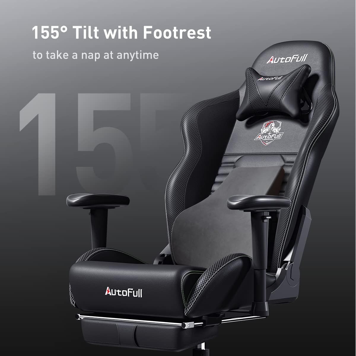 AutoFull Silla Gaming Silla Gamer Ergonómica Silla de Oficina Cuero de PU Silla de Escritorio,Altura e inclinación Ajustables,Reposacabezas y Soporte Lumbar,Reposapiés, (Gris)