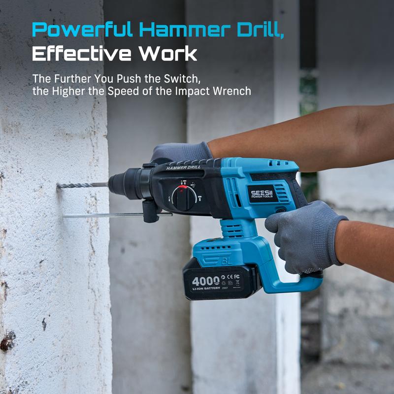 Juego de herramientas eléctricas inalámbricas 3 en 1 SEESII: martillo perforador eléctrico, amoladora angular inalámbrica y llave de impacto sin escobillas - Kit combinado de alta resistencia con 2 baterías de 4.0 Ah para construcción, reparación de autom