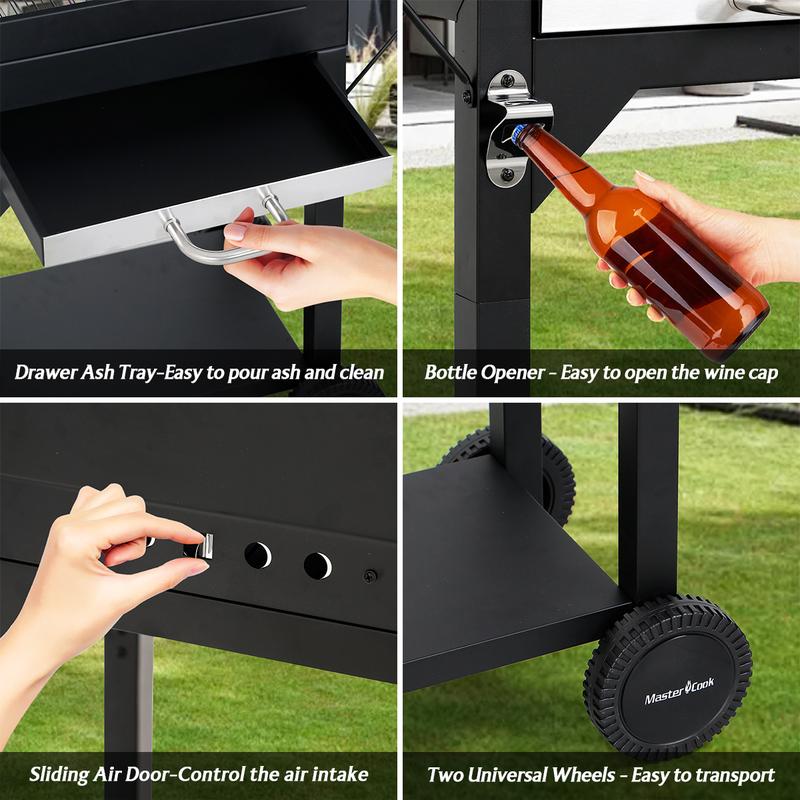 Parrilla de carbón MASTER COOK con dos mesas laterales, parrilla de barbacoa de acero resistente para picnics al aire libre, patio trasero y fiestas, color negro. TikTokShopBlackFriday