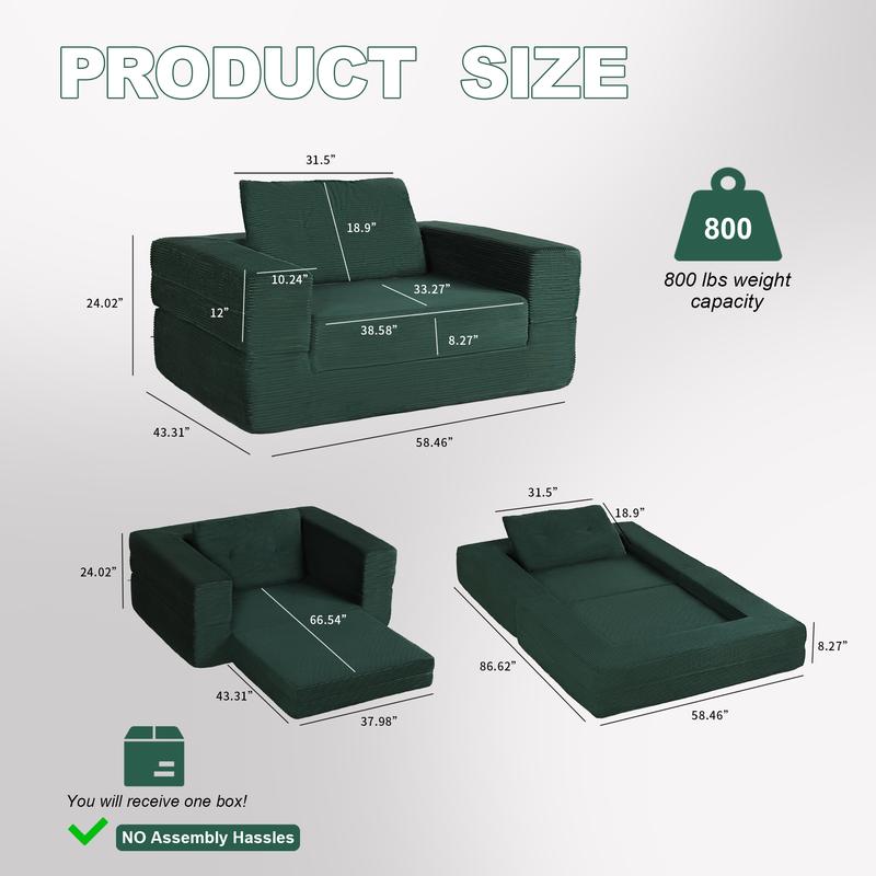 Sofá cama convertible, sofá cama plegable curvo 2 en 1 con almohadas para sala de estar y dormitorio, espuma viscoelástica de alta densidad.