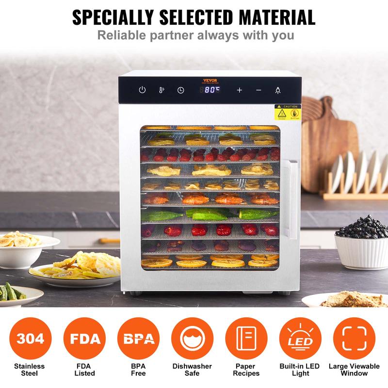 Deshidratador eléctrico de alimentos VEVOR, secador de alimentos eléctrico de 800 W, 10 bandejas de acero inoxidable, con temporizador y temperatura digital ajustables para cecina, hierbas, carne, res, frutas, golosinas para perros y verduras, electrodomé