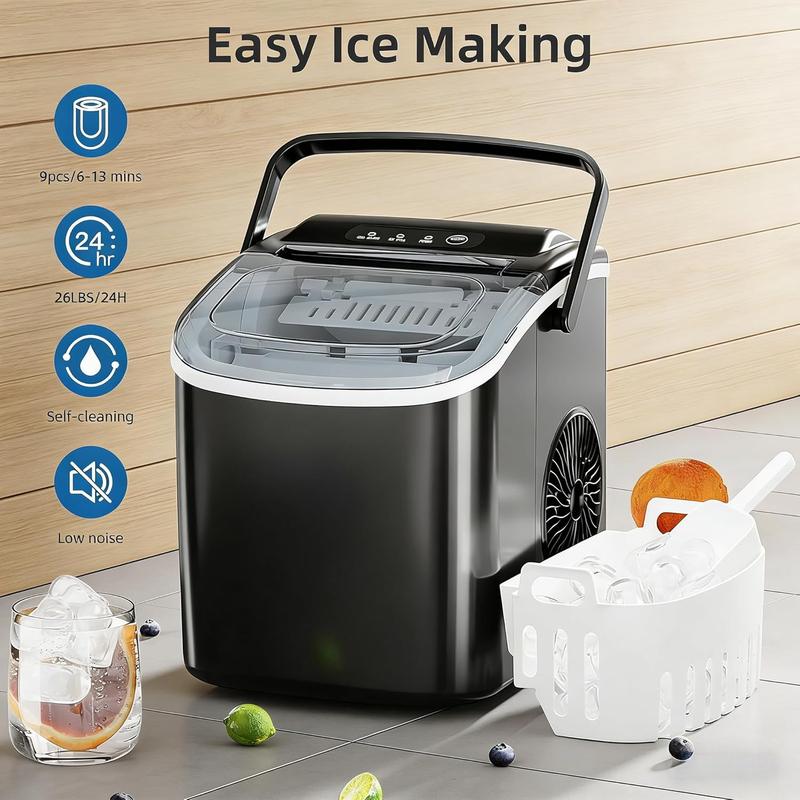 Máquina de hielo portátil de sobremesa XBeauty con autolimpieza, capacidad de 12 kg (26.5 lbs), 24 horas de funcionamiento, 8 cubitos en 6 minutos, cesta para hielo, pala. Ideal para el hogar, la cocina, el bar y para acampar.