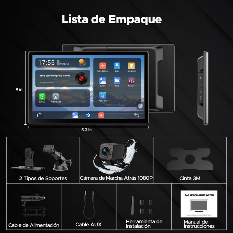 LAMTTO Pantalla Inalámbrica CarPlay 9" Para Ver Películas/Videos/Programas de Televisión en su Auto | Compatible con Netflix/YouTube/TikTok | Incluye Guías de Reversa para una Vista Trasera Clara | Regalos para Familia o Amigos