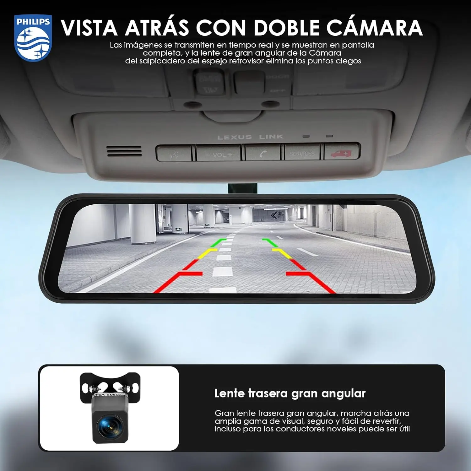 PHILIPS Cámara de Espejo Retrovisor, Cámara de Salpicadero Delantera y Trasera 1080P para Coche, 9.66" DashCam Espejo Pantalla Táctil con Función Visión Nocturna HD,Imagen Reversa,Free 32GB Card