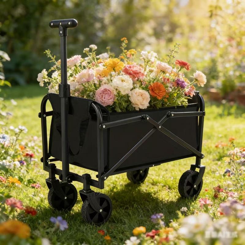 Carretilla plegable multifuncional de gran capacidad, ruedas todoterreno, estructura metálica, armazón de tela y plástico, ideal para jardinería, camping, playa, deportes y compras.